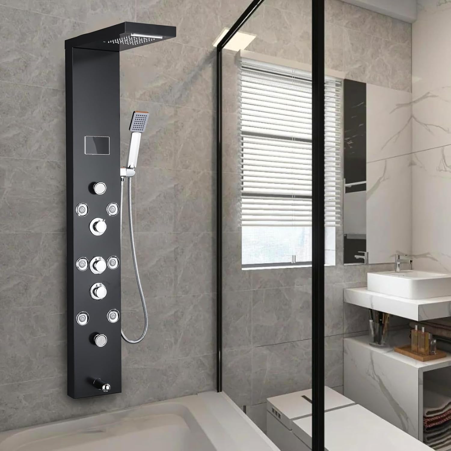 Rainfall Shower Tower System, 304 Stainless Steel Matte Black with Handheld Massage Body Jets, LCD Temperature Display Wall-Mounted All-in-One Bathroom Spa Upgrade (12"x8"x47")
