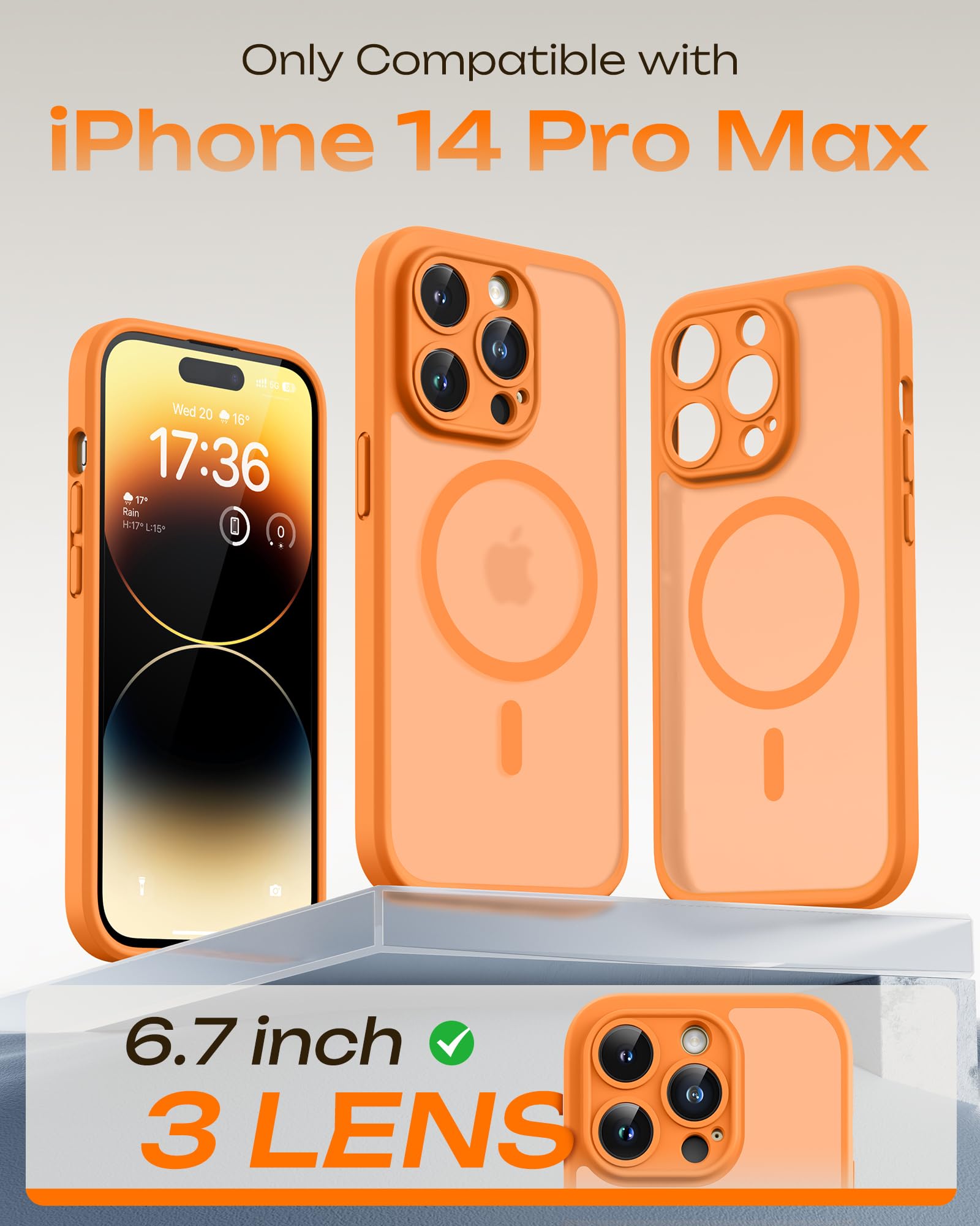 TOCOL Cover Magnetica per iPhone 14 Pro Max 6,7 Pollic, Compatibile con MagSafe, Protezione Fotocamera Integrata, Custodia Antiurto Traslucida Opaca, Arancione