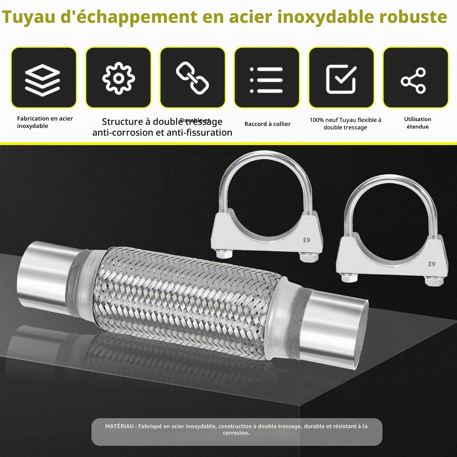 Lot de 3 tuyaux d'échappement flexibles en acier inoxydable - Double tresse - Colliers de serrage en U - Pour voitures, camions, bus (6,3 x 15,2 x 25,4 cm)