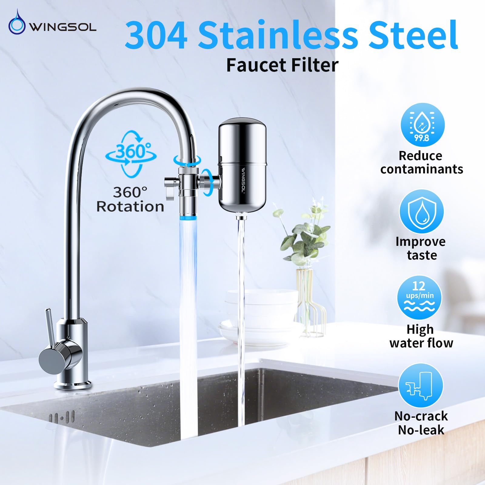 WINGSOL WINGSOL - Filtro de agua de acero inoxidable para grifo de fregadero, NSF/ANSI 42 y 53, sensor de temperatura, luz LED, purificador de grifo giratorio de 360°, reduce PFAS, plomo, cloro y