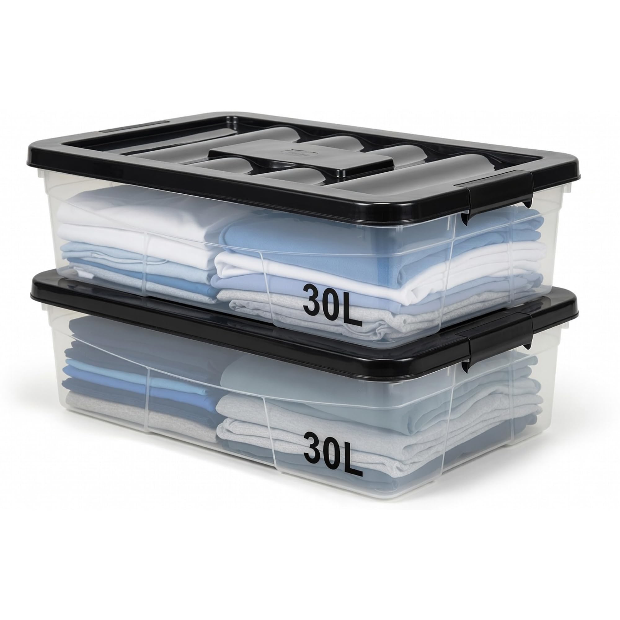 SIDSONS - 2X 30L Clear Plastic Underbed Storage Box - Sleek Black Lid Dustproof Stackable & Nestable - Multi-Purpose Storage Box Transparent Duvets & Clothes Bedding, Shoes, Toys Organizer (2X)