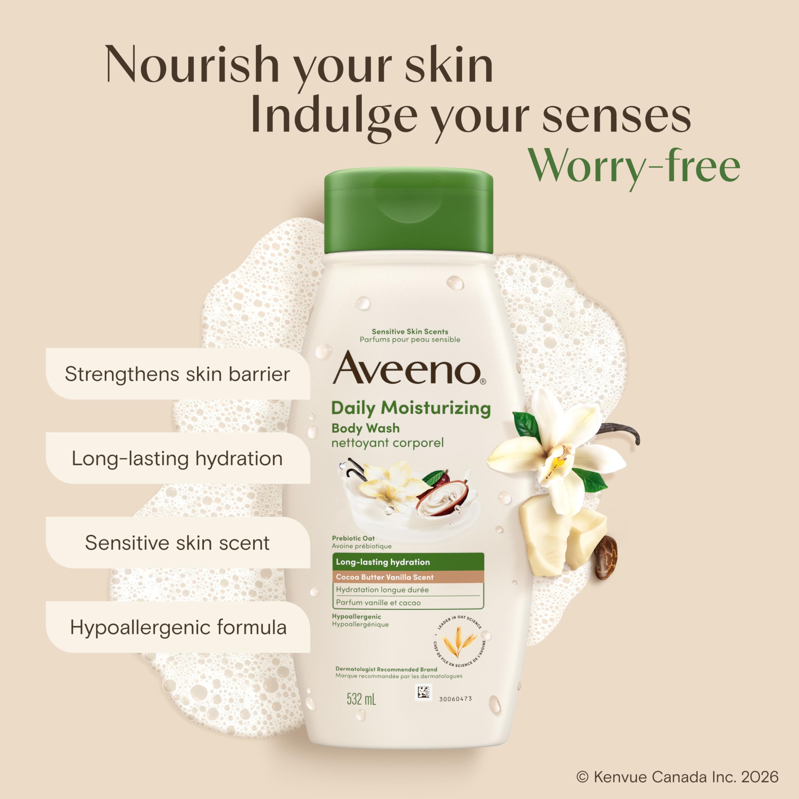 Aveeno Daily Moisturizing Body Wash with Cocoa Butter Vanilla Scent & Soothing Prebiotic Oat, Provides Long-Lasting Hydration for Sensitive Skin, Hypoallergenic, Paraben-Free, 532 mL - 4