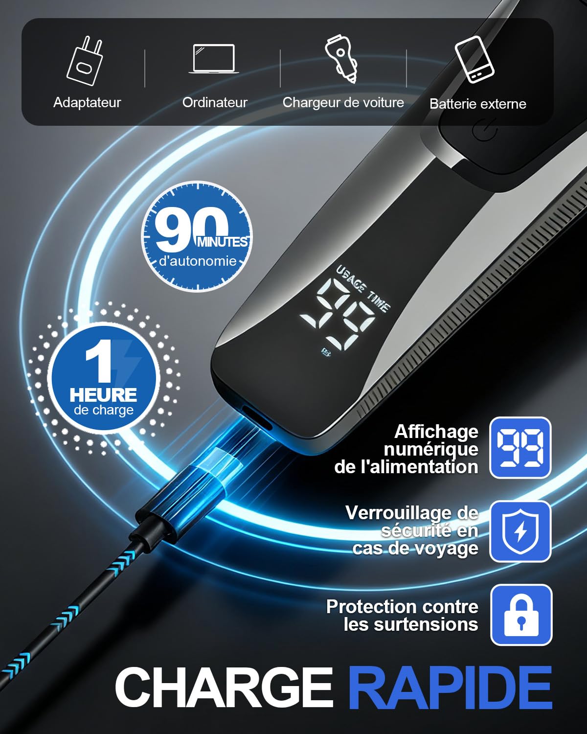 Rasoir Électrique Homme Rechargeable 4D avec Écran LED, IPX7 Rasoir Homme Étanche Humide & Sec, Rasoir Rotatif Sans Fil, Tondeuse Barbe avec Tondeuse Rétractable et Verrouillage Voyage(Noir)
