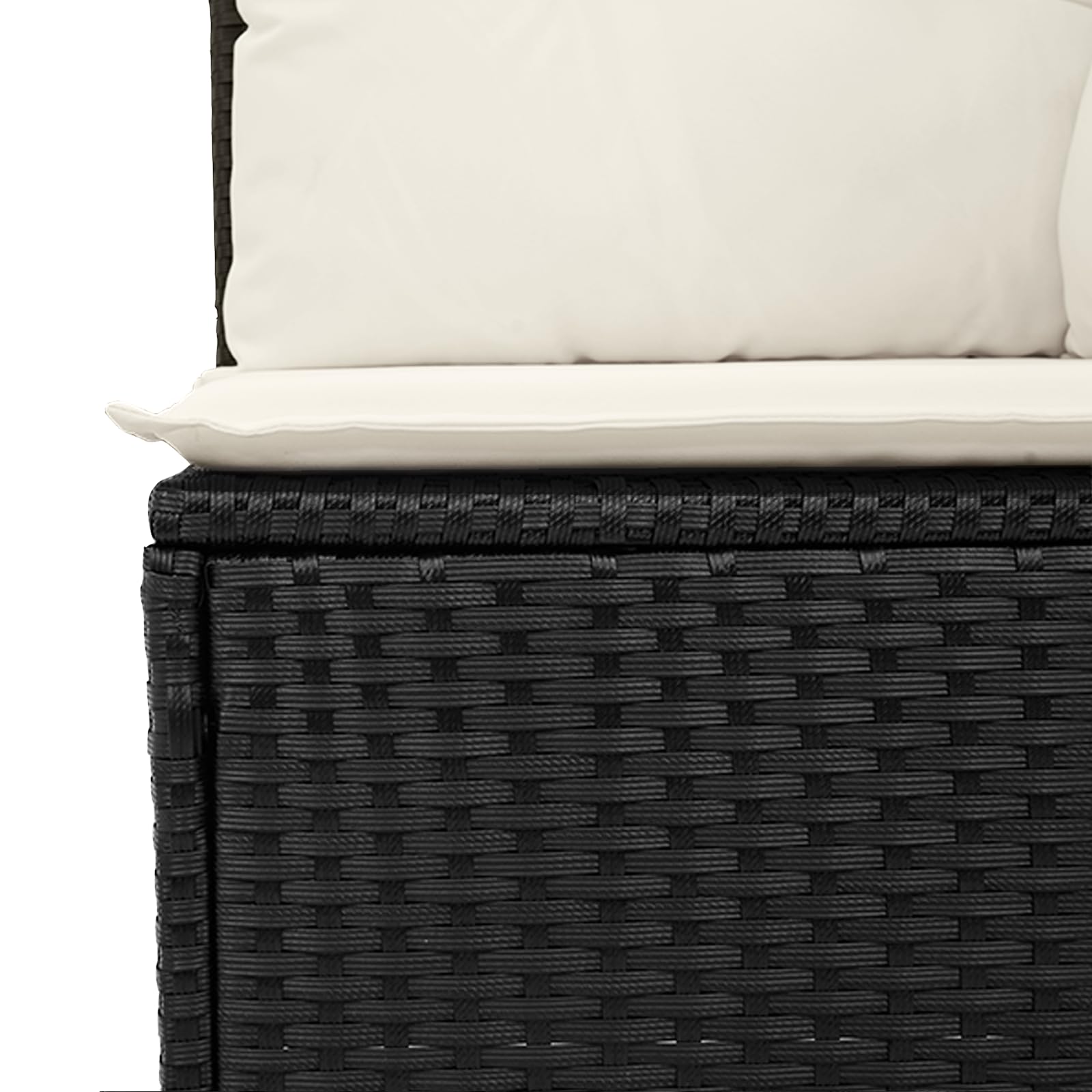 6-częściowy zestaw mebli ogrodowych z poduszkami, czarny polirattan, modułowa sofa outdoorowa z kremową tapicerką i stołem z drewna akacjowego, odporne na warunki atmosferyczne meble tarasowe
