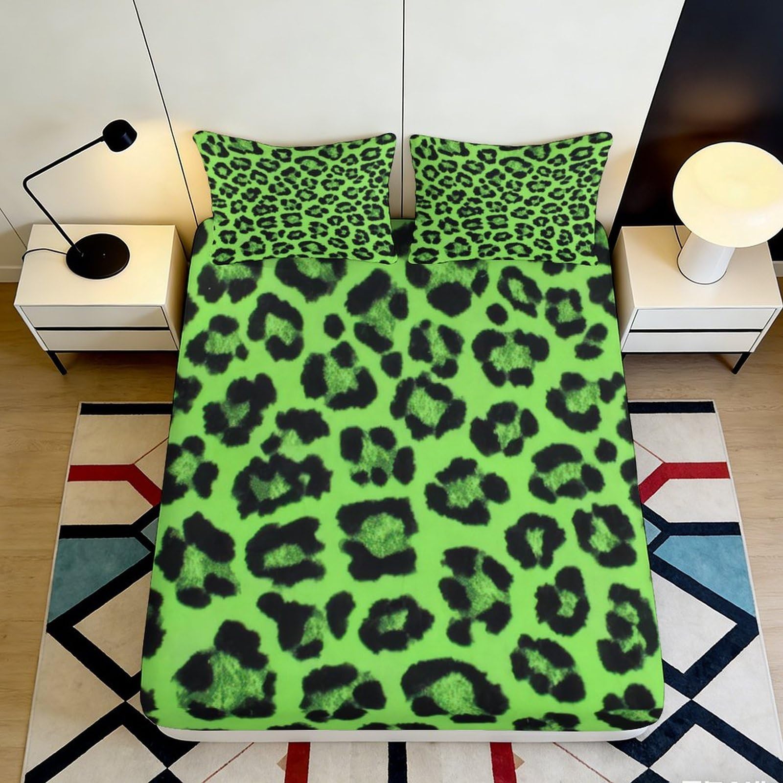 3D Printed Neon Leopard Fitted Sheet Microfiber Soft Green Animal Print Mattress Cover for Bedroom Dorm Decor 90x200x25cm
