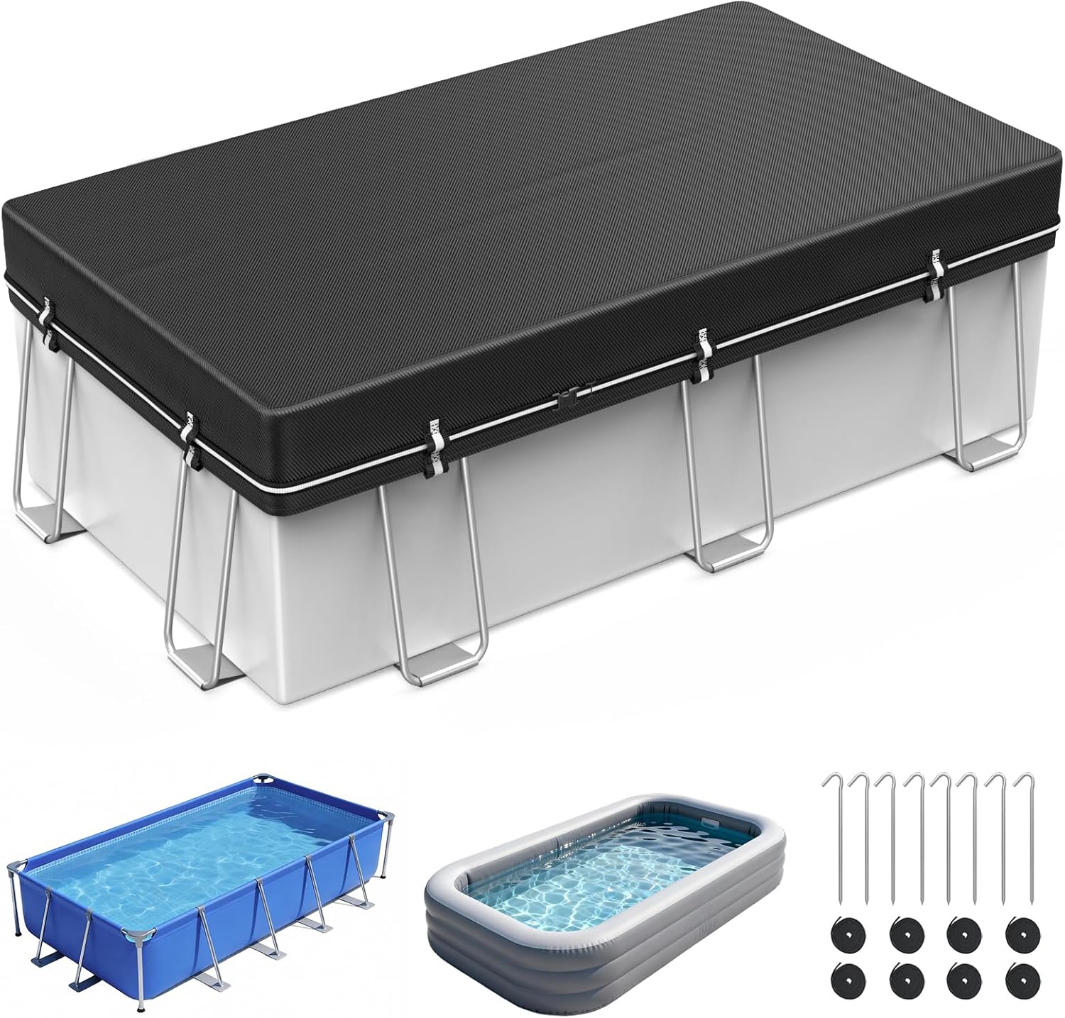 8x14Ft Rectangular Pool Cover, Swimming Pool Cover for Above Ground Pool, Solar Cover Including Full-Circle Windproof Buckle, Winter Cover Ideal for Waterproof and Dustproof