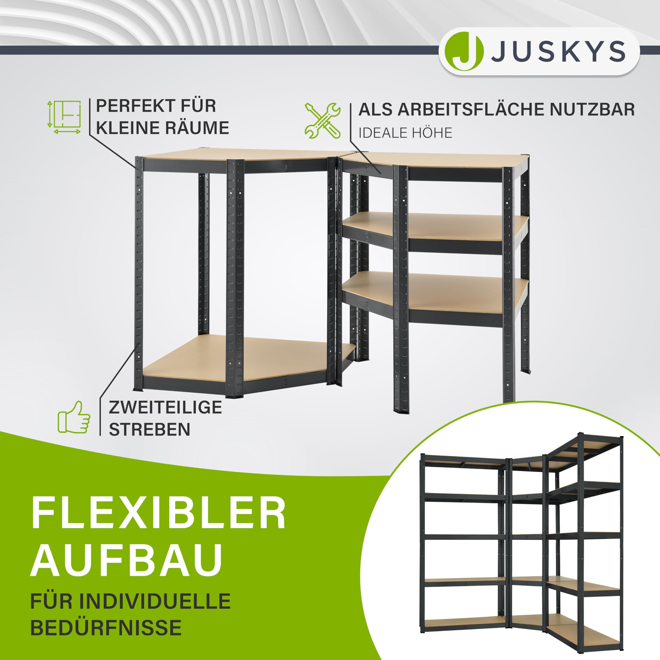 Juskys 3er Metall Regalsystem Basic - 1 Eckregal & 2 Lagerregale - 15 Böden aus MDF Holz - 2625 kg - Schwerlastregal Lagerregal Kellerregal - Grau
