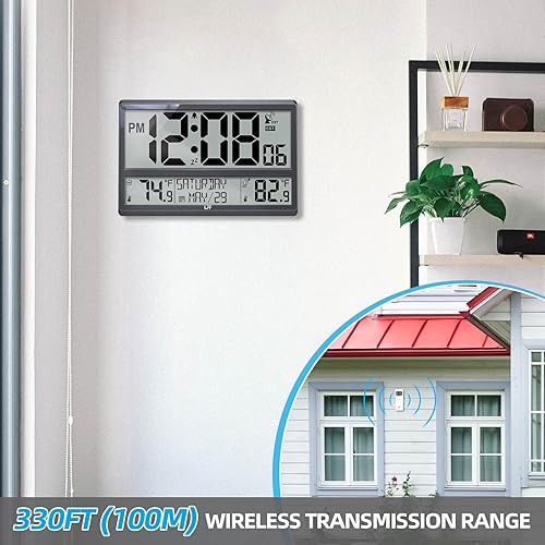 Miniatura 5 de LFF Reloj atómico, no necesita ajuste, funciona con pilas, reloj de pared atómico con temperatura interiorexterior, sensor inalámbrico para