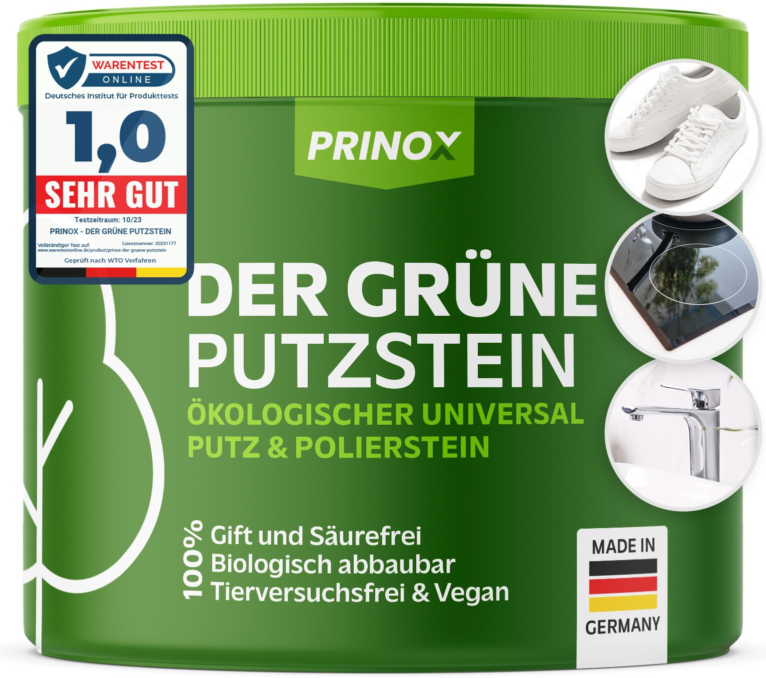 PRINOX Der Grüne Putzstein I 950g inkl. Handschwamm I Nachhaltiger Universal Allzweckreiniger I Jahresvorrat je Dose I Öko Reiniger für Küche, Bad, Fenster, Sneaker, Ceranfeld, WC I Made in DE