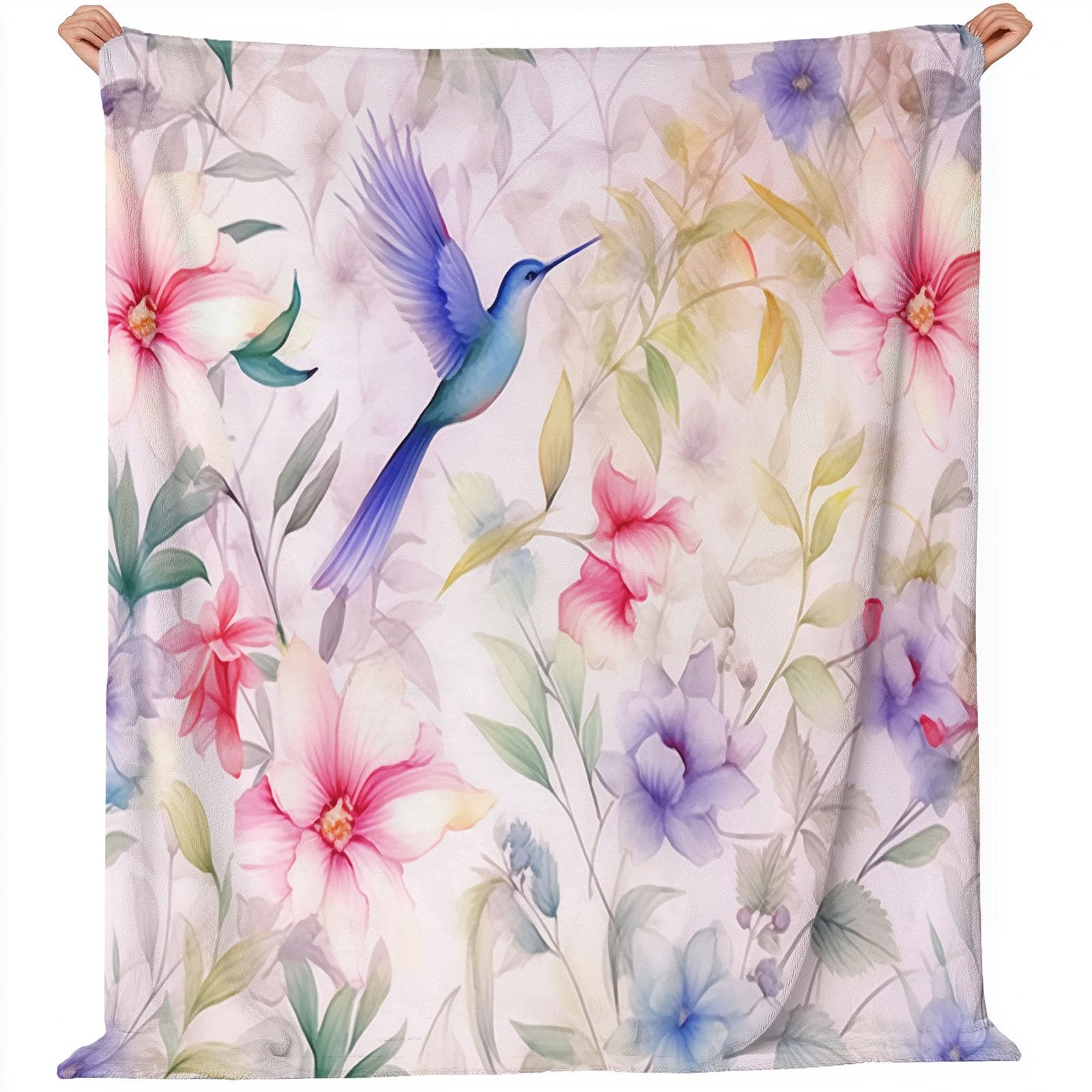 Couverture polaire hiver aquarelle oiseaux fleurs 220x240cm