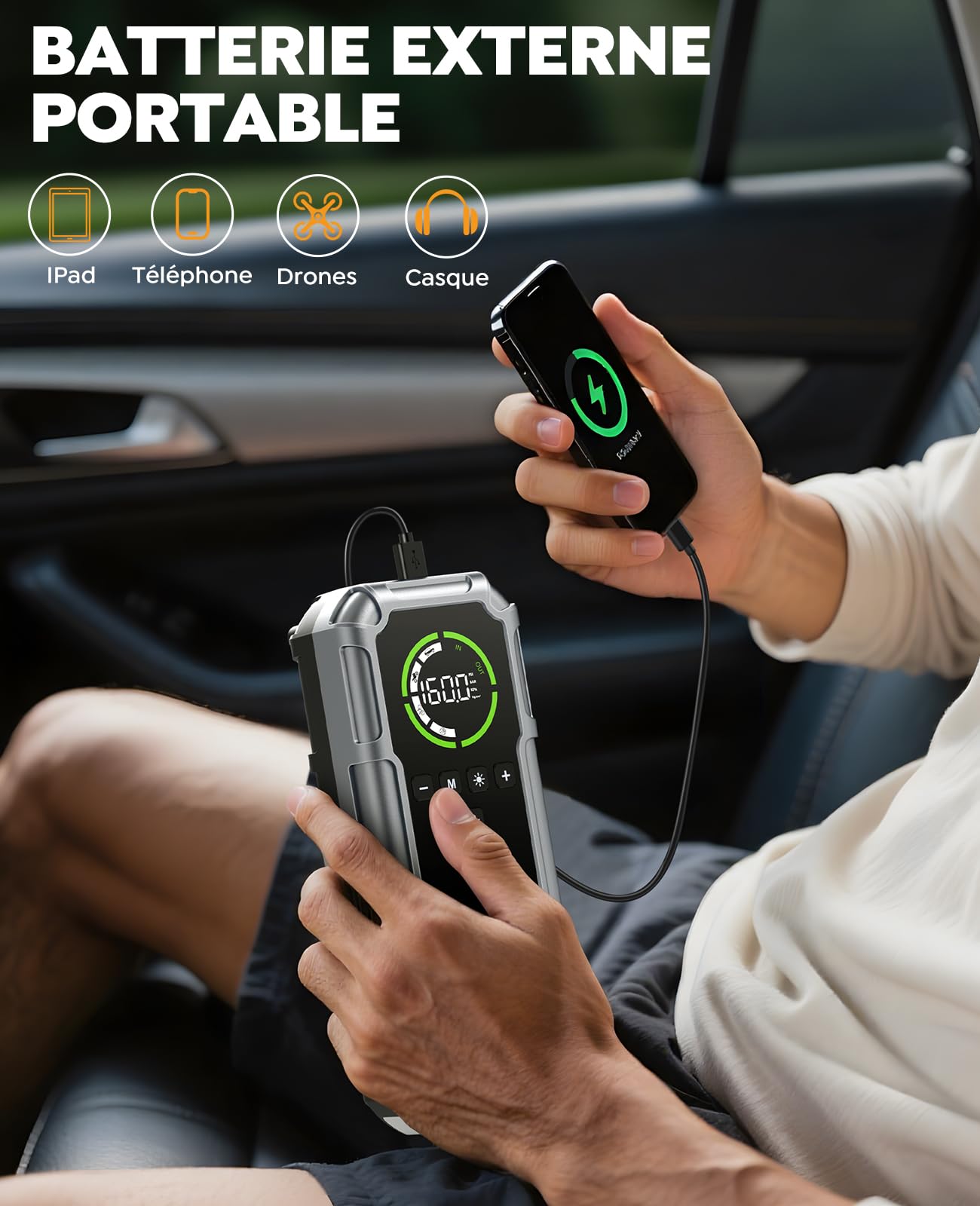 8000A Booster Batterie Voiture avec Gonfleur 160PSI, 12V Demarreur Batterie Voiture (Essence et Diesel Jusqu’à 12 L), 20000 mAh avec câbles de démarrage, Lampe LED 600 lumens et écran LCD