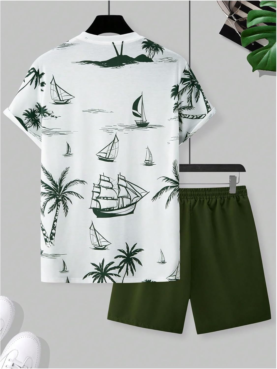 Men's 2 Piece Outfits Tropical Graphic Short Sleeve T-Shirt and Drawstring Waist Shorts Sets - Image 2