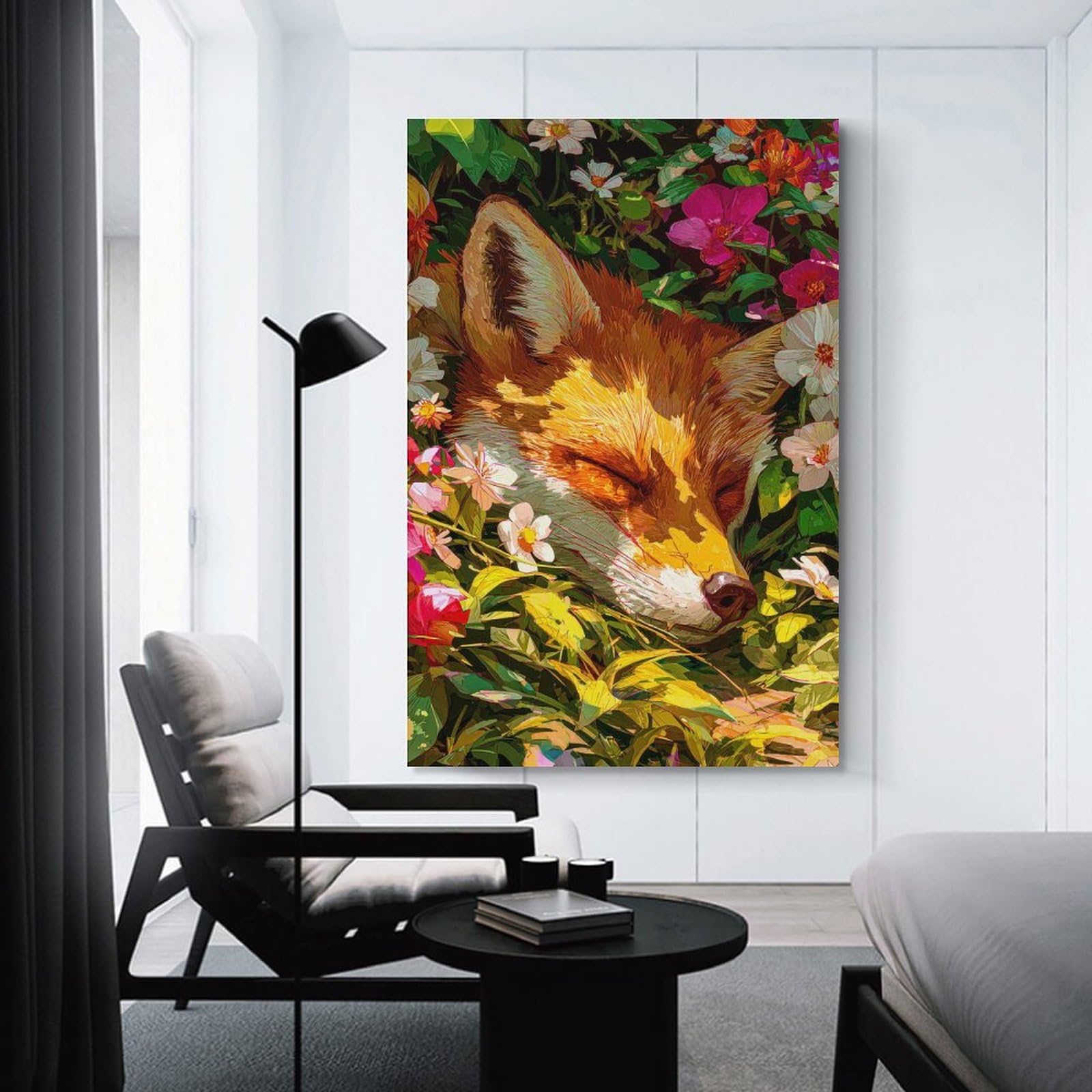 Junmoney Sleeping Fox Among Flowers Canvas Wall Decor, 24x36inch(60x90cm), for Lounge Decor, Bedroom Walls Or Flats, Eye Catching Artwork for Blank Walls