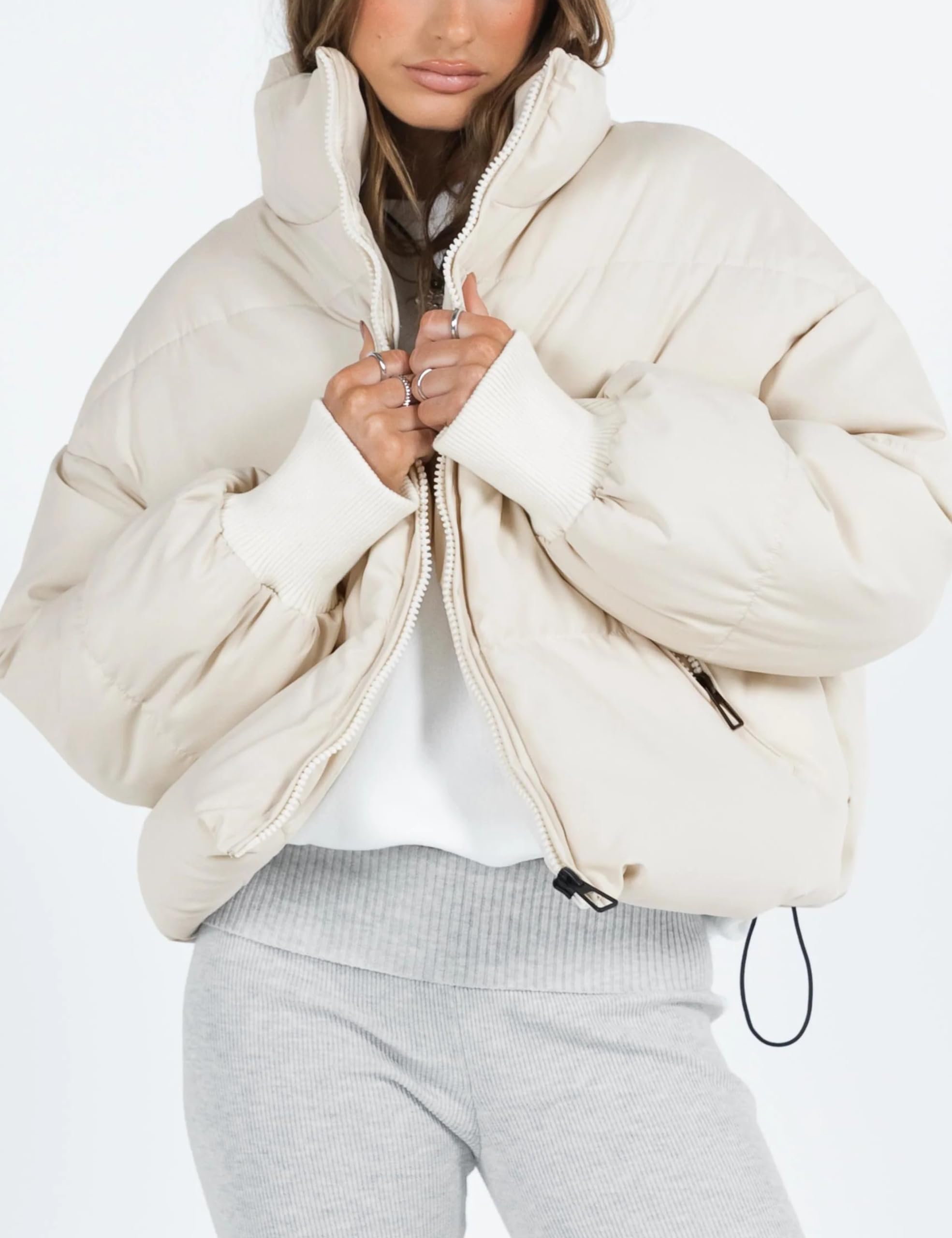 UANEO Puffer Jacket Womens Oversized Cropped Puffy Quilted Winter Jackets Coat: Beige Medium