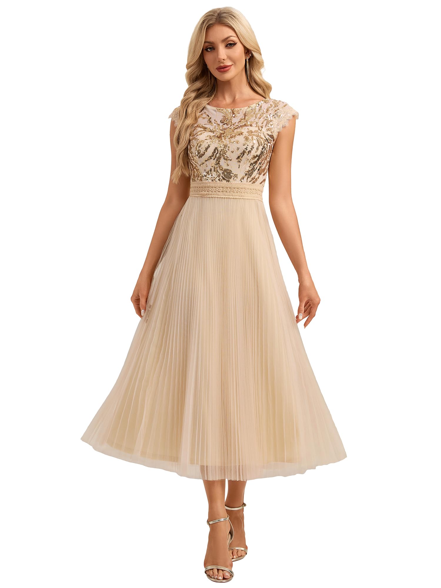 Ever-Pretty Robes d'invité de Mariage Col Ronde Manches Courtes Paillette Midi EG02769