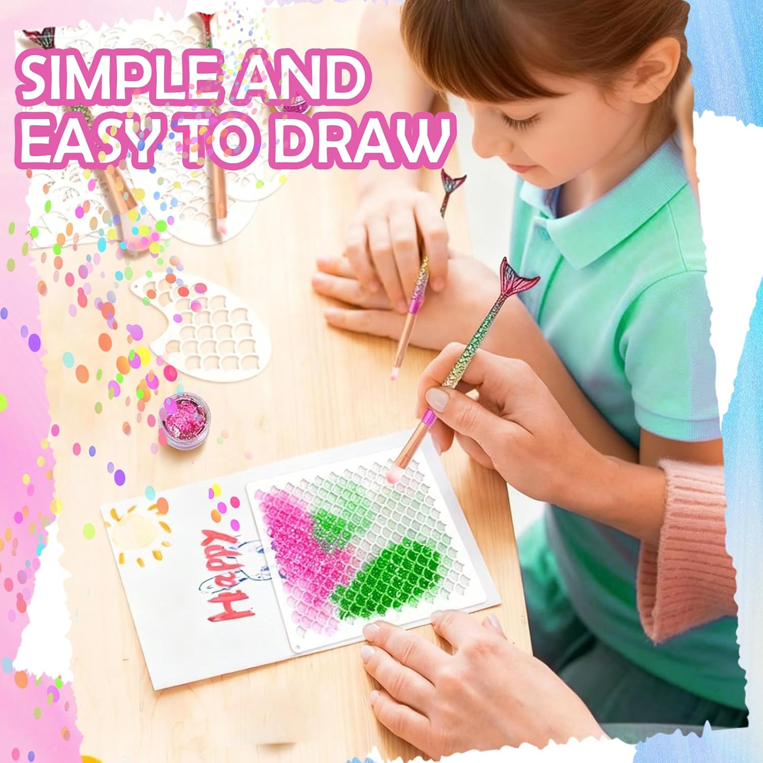 11Pcs Reusable Mermaid Scale Stencil Kit 4 Pcs Makeup Brushes 2 Bottles Glitter for Women Girls Face Body Art Wall Painting DIY Makeup Crafts image 5