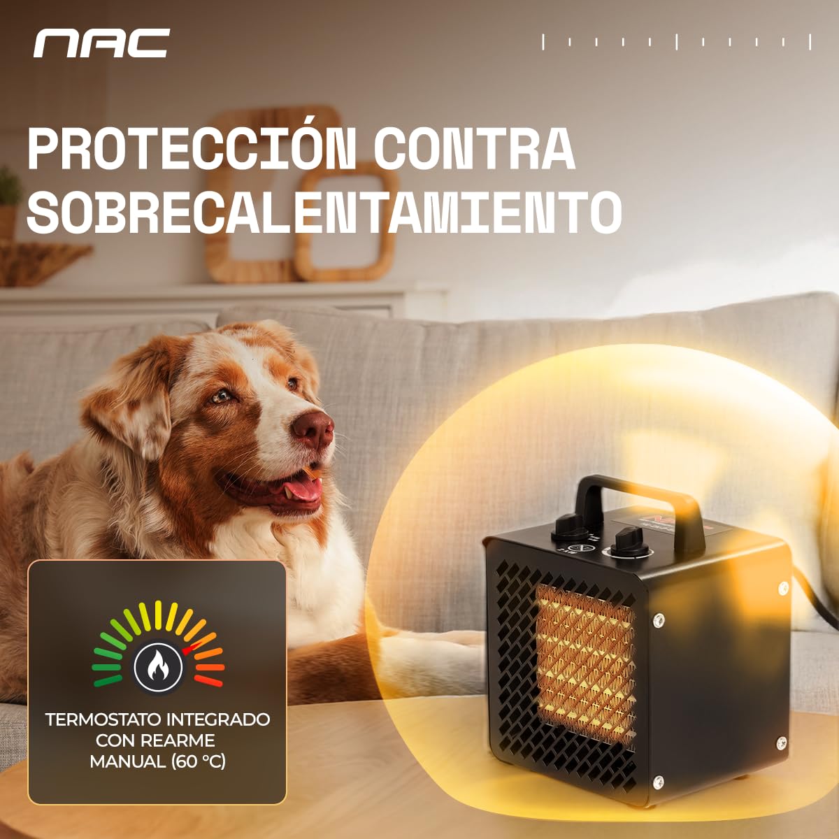 NAC Calefactor Ceramico Electrico 2000W - Calentador Electrico con 3 Niveles de Calefacción - Calefactor Portatil Industrial con Termostato, Cañon de Calor - Heater Electric para Garaje Taller Obra