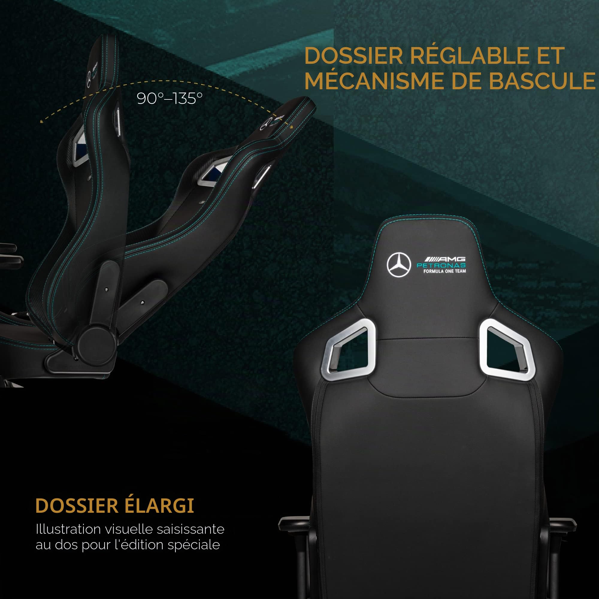 noblechairs Epic Gaming Chair, Chaise de Bureau, Fauteuil de Bureau, Hybrid PU Leather, Siege Ergonomique - Mercedes-AMG Petronas, Chaise de Bureau Ergonomique, Formula One Team 2021 Edition