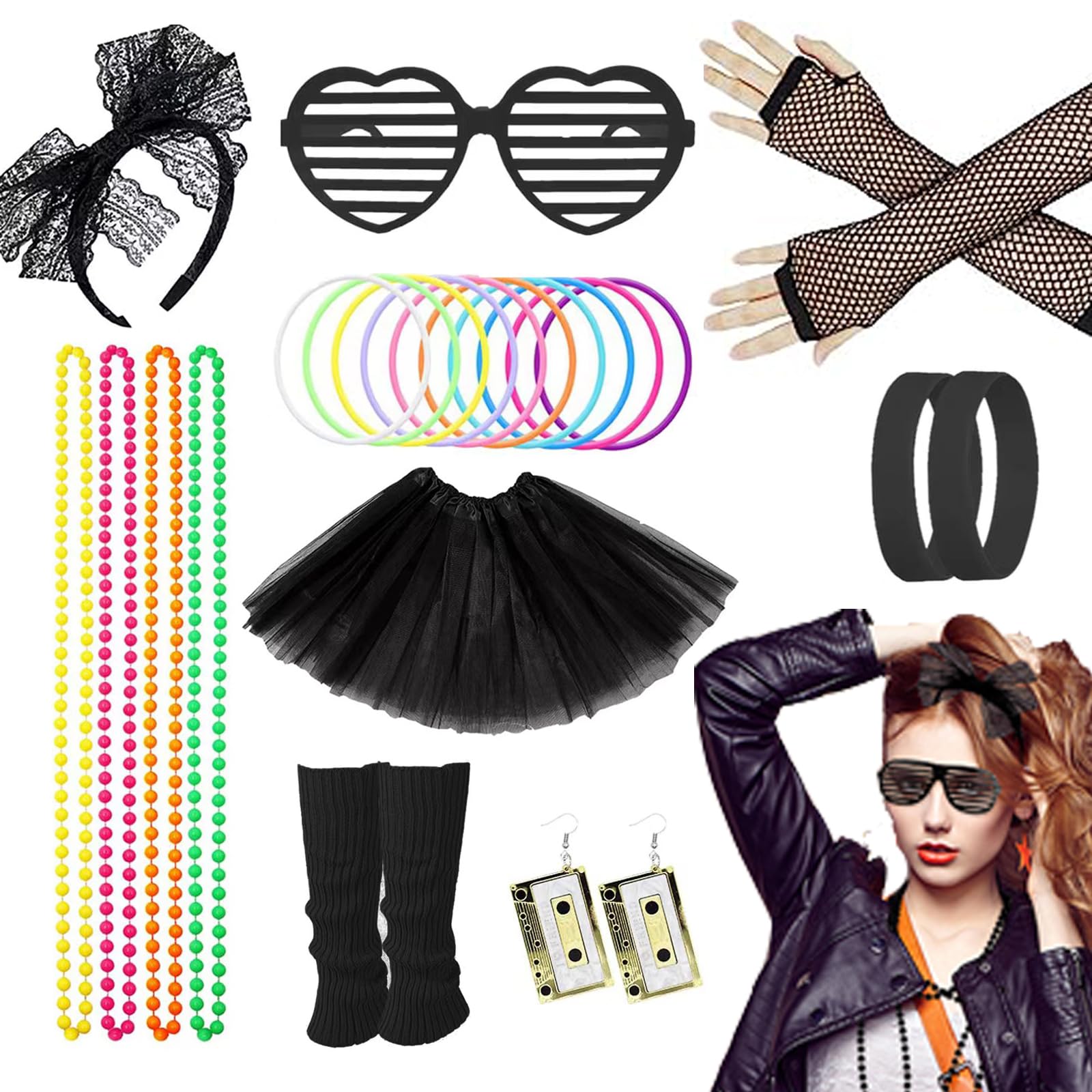 80s Fancy Dress Costume Accessories Se for Women Girls Rainbow Tutu Skirt Leg Warmers Fishnet Gloves Glasses Earrings Bracelet Necklace Headband, Retro Outfit for 80s Party, Dress up Day