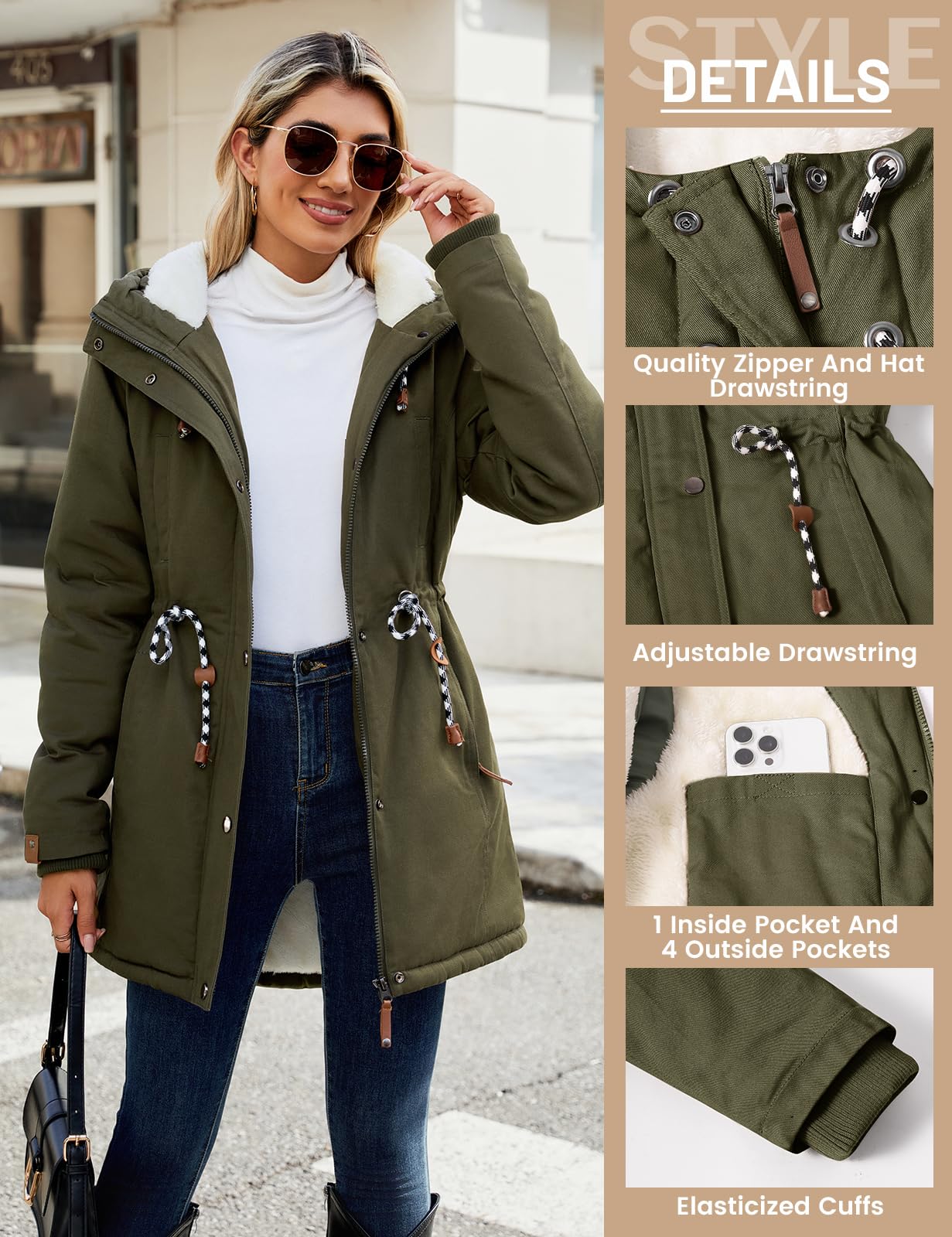 TOMEEK Abrigo Mujer Parka Largo con Capucha Chaqueta Mujer Invierno de Piel Gruesa con Bolsillos Térmica Cremallera Abrigos Cazadora Cálido Parkas Mujer Invierno