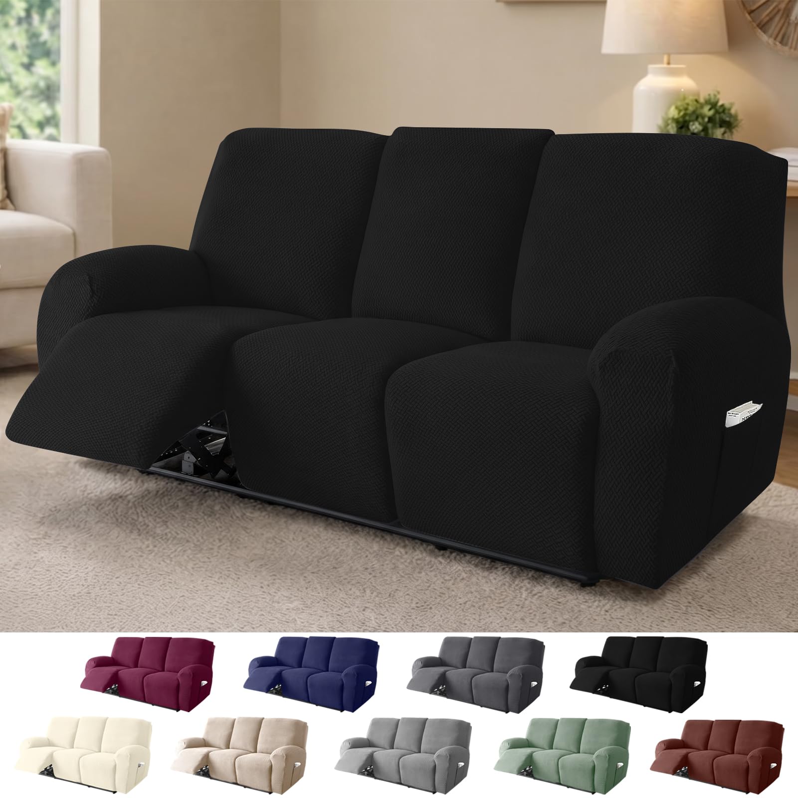 Hengrongshen 3-Seater Recliner Chair Cover, Stretch Chair Covers for Armchairs with Pockets, All-Inclusive Non-Slip Armchair Covers, Sofa Slipcovers Protector (Black)