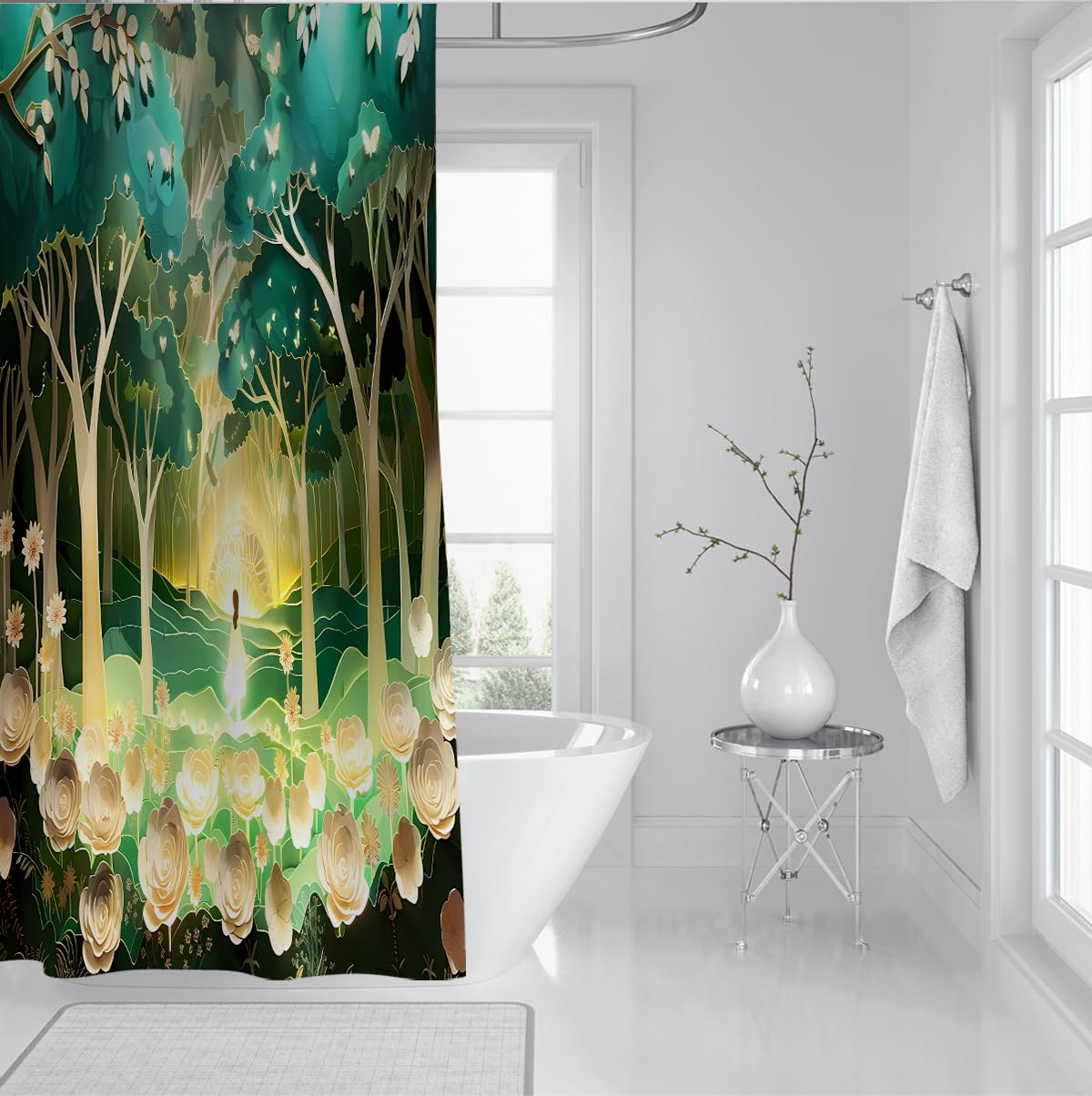 Rideau de Douche Tissu Paysage Jardin Style Conte 180 x 180 cm