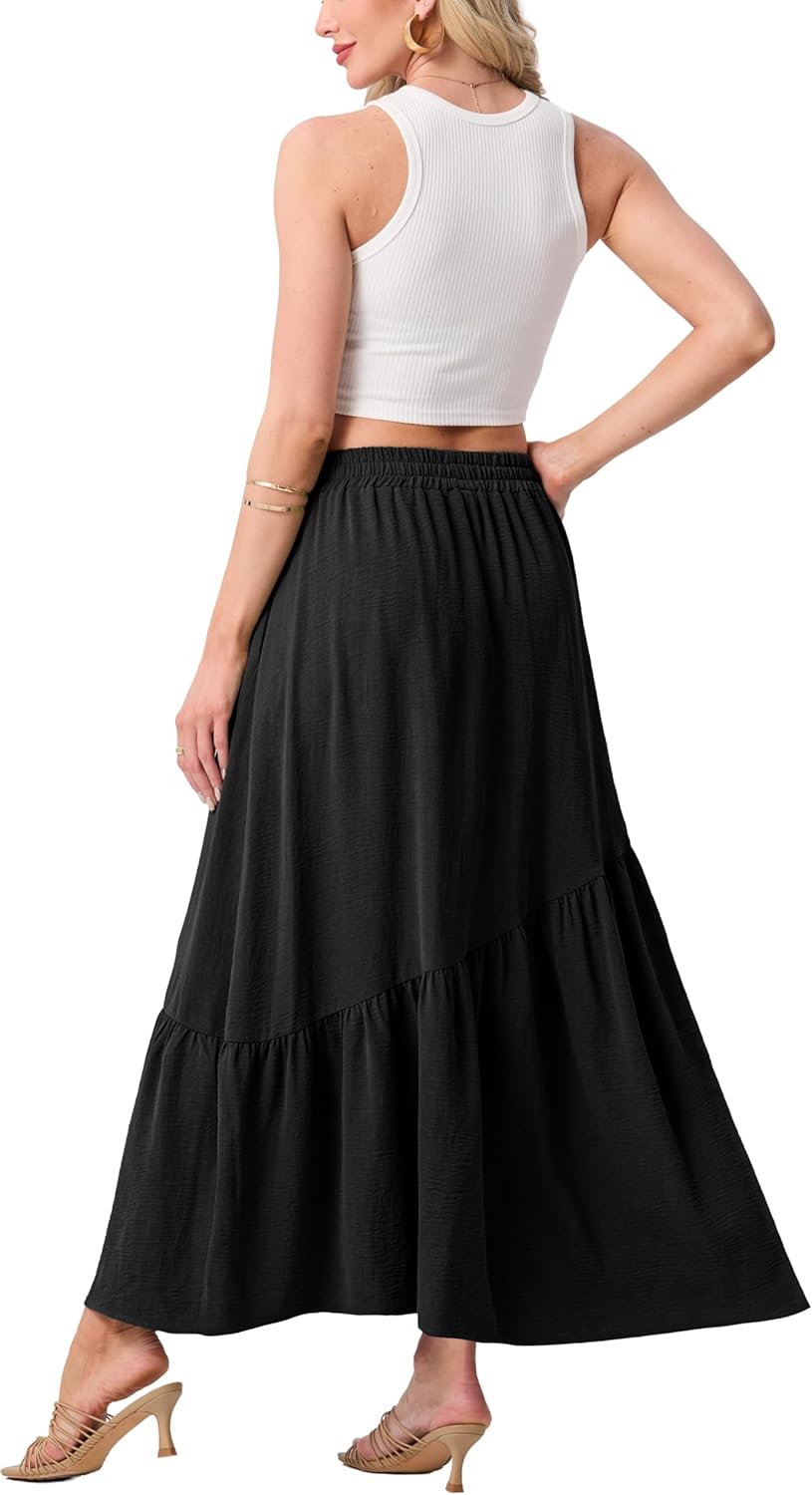 GRECERELLE Women's Boho Maxi Skirt High Waist Pleated A-Line Flowy Swing Asymmetric Tiered Long Skirts with Pockets - Image 4