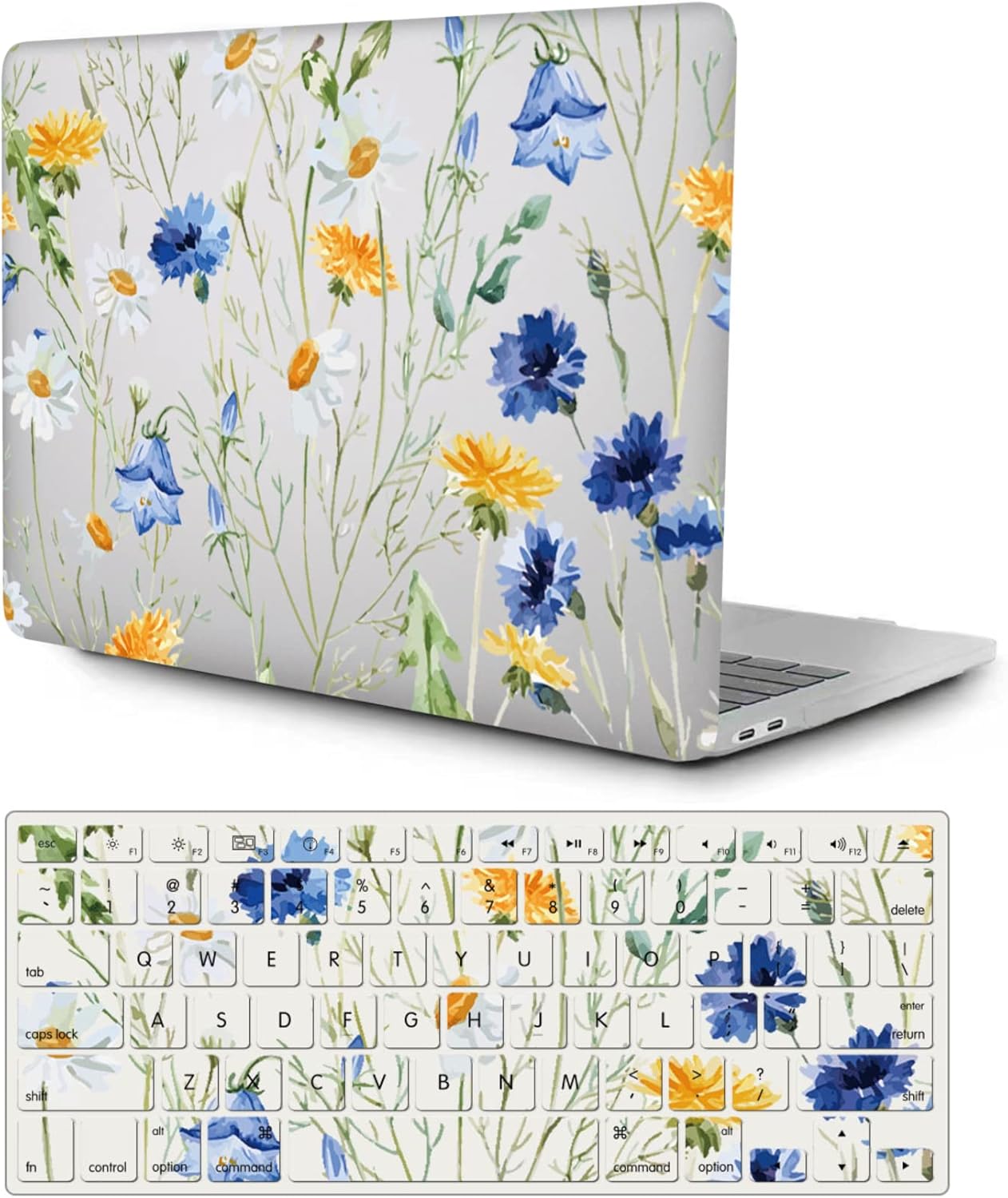 Compatible with MacBook Pro 13 inch M1 A2338 A2289 A2251 A2159 A1989 A1708 A1706 Release 2021 2020 2019 2018 2017 2016, Pattern Plastic Hard Shell Case Cover and Keyboard Skin, Blue & Yellow Flower