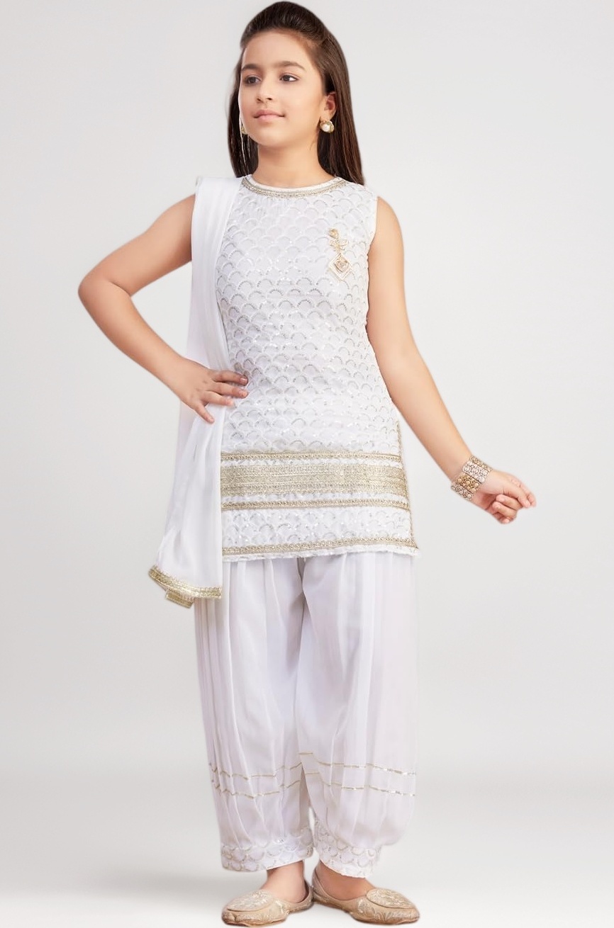 Aarika Girls Ethnic Wear Black Colour Sequin Embroidery/Lace Work Georgette Kurti Patiala Set With Dupatta