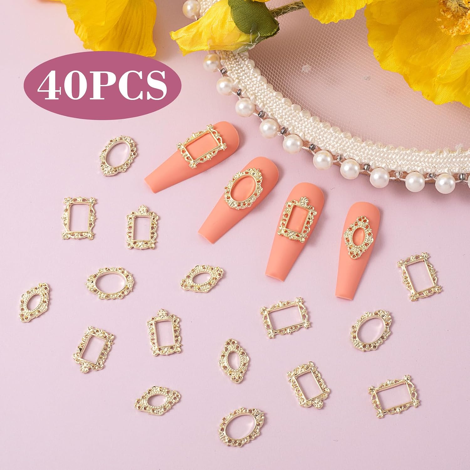 Pndeyo 40pcs 3D Metal Nail Charms, Frame Gothic Nail Art Charms, Gold Nail Jewels Art Decoration for Women Girls Acrylic Nail DIY Craft Design Manicure Accessories