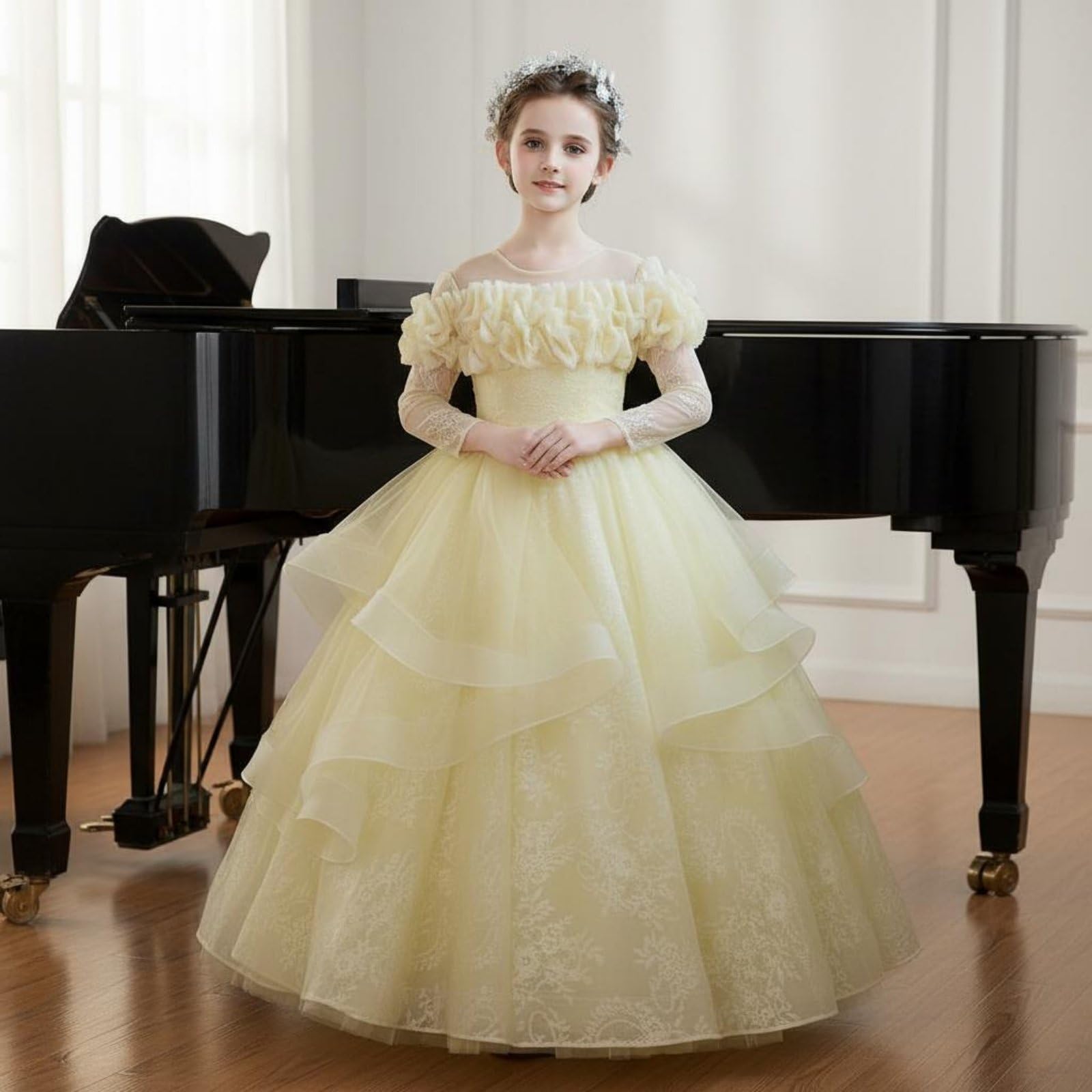 Vestido para Fiesta de Niña Vestido Princesa Vestido Vestido Niña Vestido con Tul Abundante Encaje y Flores en Relieve Mezcla de Poliéster con Forro, 150CM