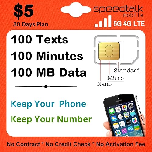 SpeedTalk Mobile Kit de tarjeta SIM para teléfonos inteligentes y teléfonos celulares  Plan mensual de $5 - 100 textos (SMS) + 100 minutos