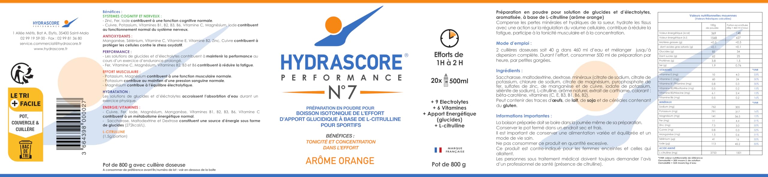 N°7 - Orange Pot 800 g - Boisson Isotonique Energétique Sportifs - Pour Efforts 1 à 2 h - Running, Vélo, Trail - Poudre Énergisante Hydratante - Électrolytes Hydratation - H1006