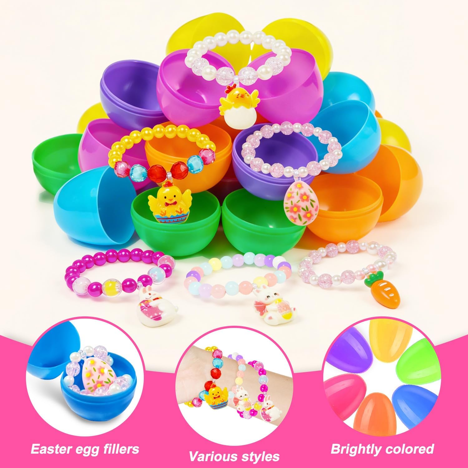 12 Pack Easter Basket Stuffers with Girls Jewelry Bracelets, Easter Eggs Gifts, Egg Hunt Surprise Toys, Easter Basket Stuffers for Girls Toddler Teens