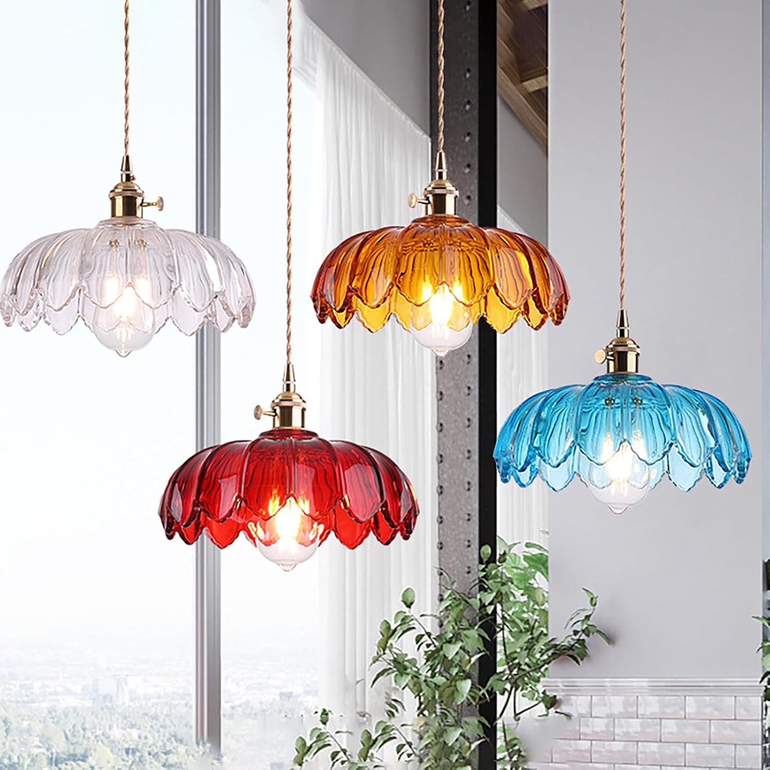 Retro Vintage Orange Duty Heavy Glass Pendant Lights Fixtures 9.6 In/245mm Diameter Round Lampshade and Gold Brass with Switch ON/Off Pendant Hanging Lamp for Farmhouse(Amber)