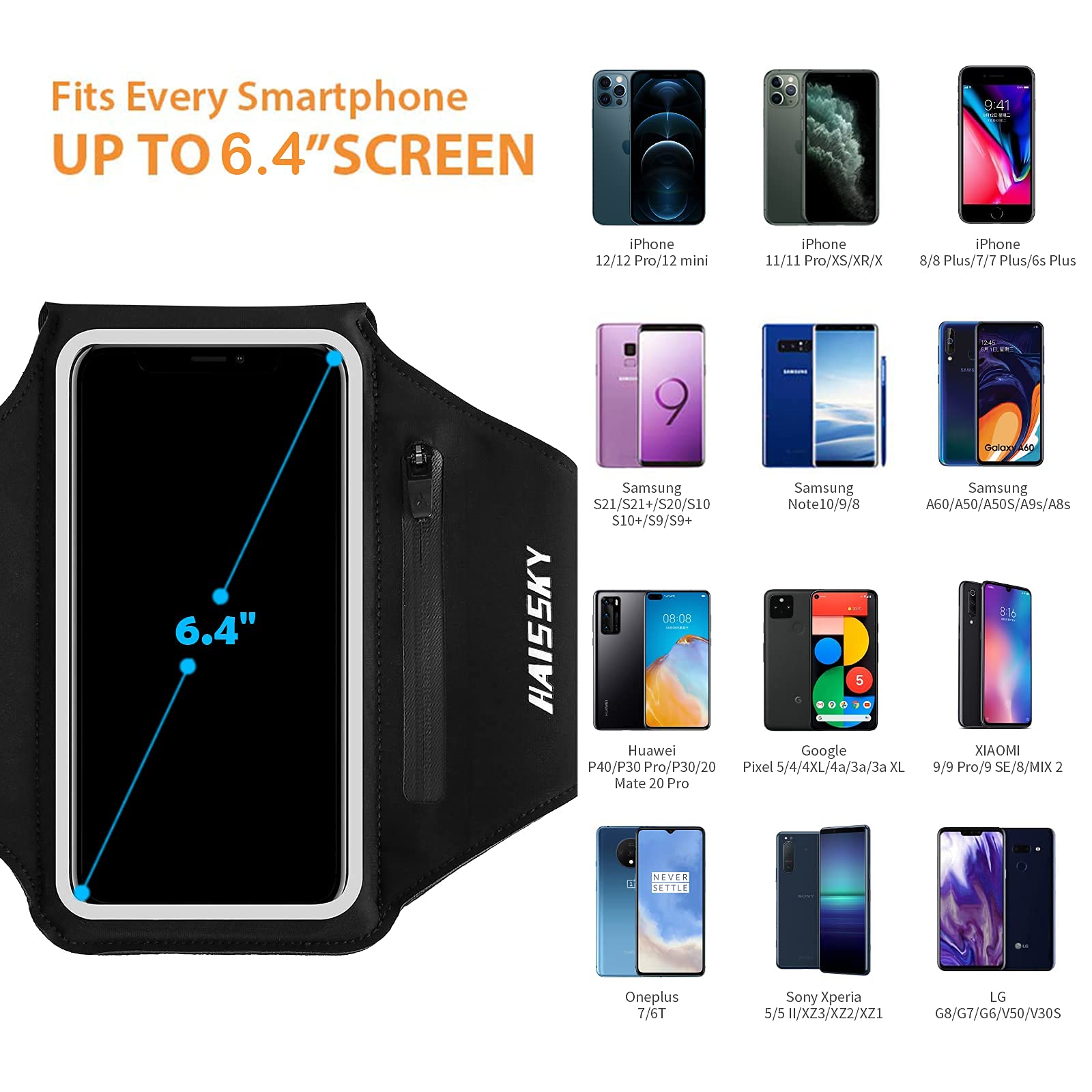 HAISSKY Sportowa bransoletka z kieszenią na słuchawki, sportowa bransoletka na telefon komórkowy do iPhone 14 Pro/13 Pro/12 Pro/11/11 Pro/XR/XS/X/8 Plus, Huawei P40/P30/Mate 20 Pro, etui na telefon