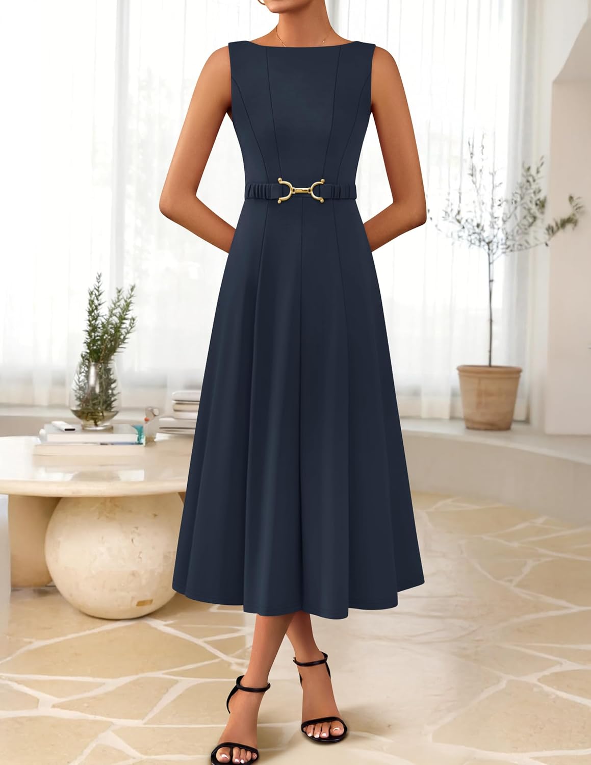ZESICA Women Summer Sleeveless Midi Dresses 2026 Elegant Boat Neck A Line Tie Waist Spring Cocktail Party Dress