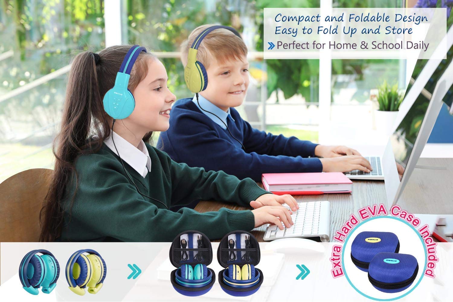 SIMOLIO Lot de 2 écouteurs sans fil pour enfants avec coque rigide, Bluetooth, volume limité, casques supra-auriculaires sans fil pour filles, garçons, école, voyage (menthe, jaune)