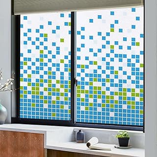 Window Privacy Film Stained Glass Opaque Non-Adhesive Frosted Cling Glass Film Removable for Bathroom Shower Door Frosted Mosaic Grid Pixel Art 17.7Wx35.4L-inch x2 Pcs