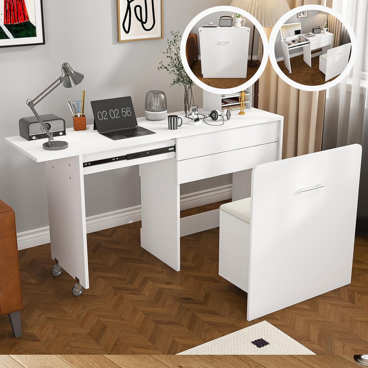 47" Multi-functional Stretching Desk Foldable Makeup Table with Mirror