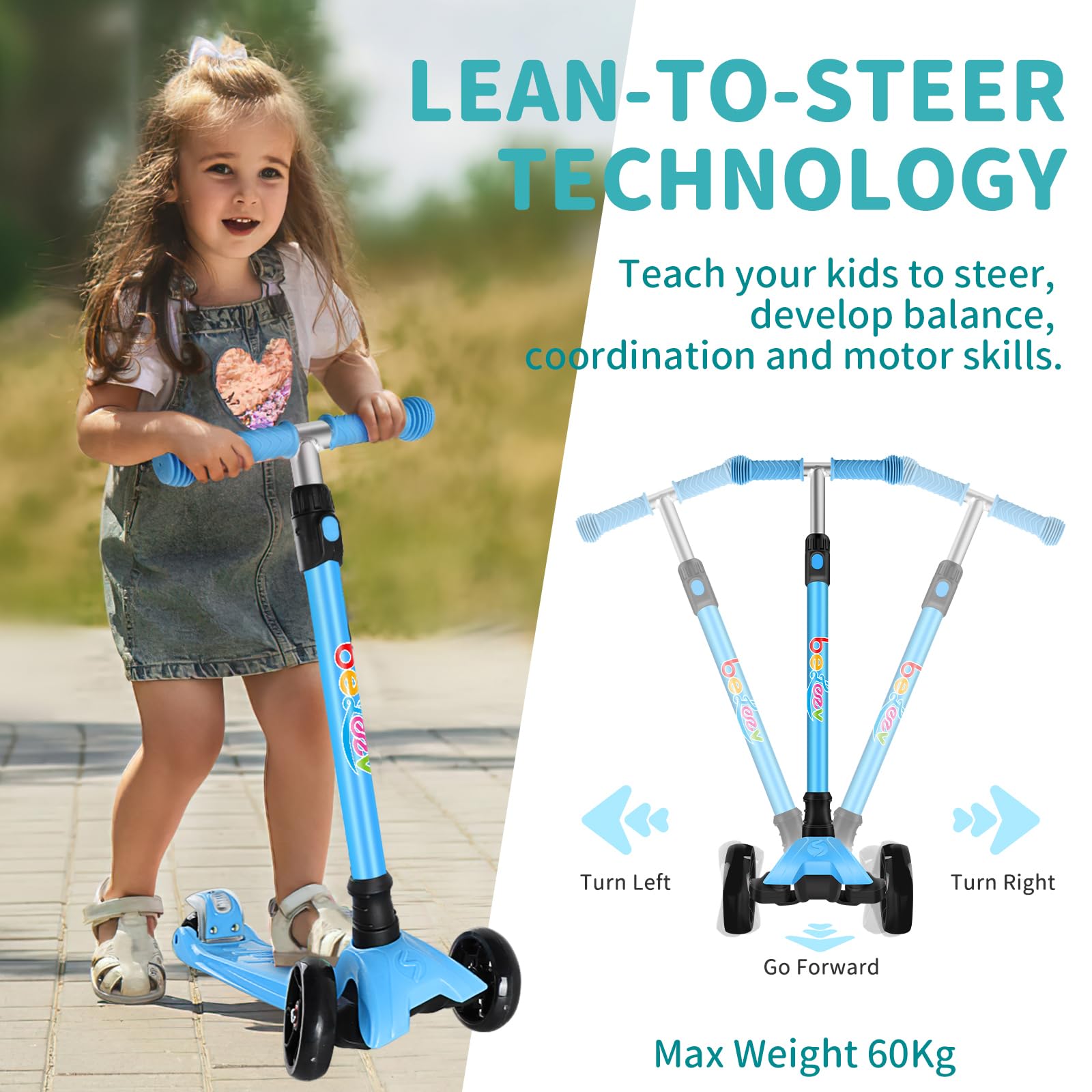 BELEEV Patinete De 3 Ruedas Para Niños De 2 A 6 Años – Ruedas LED Sin Baterías, Manillar Ajustable, Freno De Acero Inoxidable, Plataforma Antideslizante Y Dirección Por Inclinación (Modelo A2)