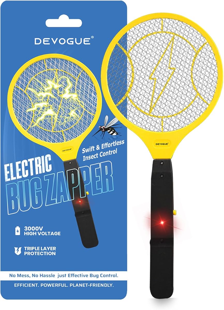 Devogue Electric Fly Swatter - Weight Like Apple - 2AA Battery Powered (not incl.) - 3-Layer Protection Grid Bug Zapper Racket for Home Bedroom Kitchen Office Backyard Patio Indoor Outdoor