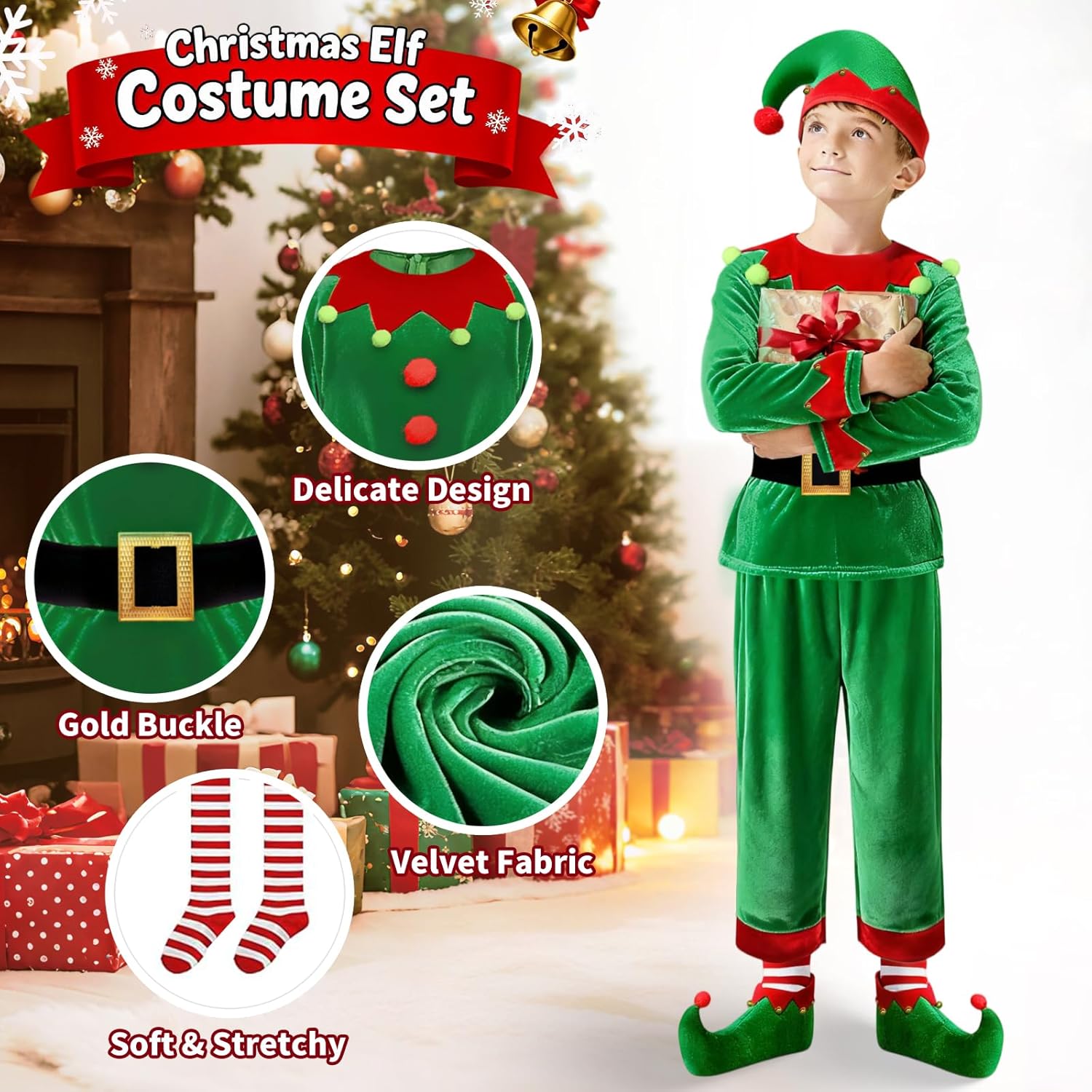 Christmas Set Boys Elf Costume Santa's Helper Xmas Festive Cosplay Holiday Outfit with Belt Socks Hat. - Image 3