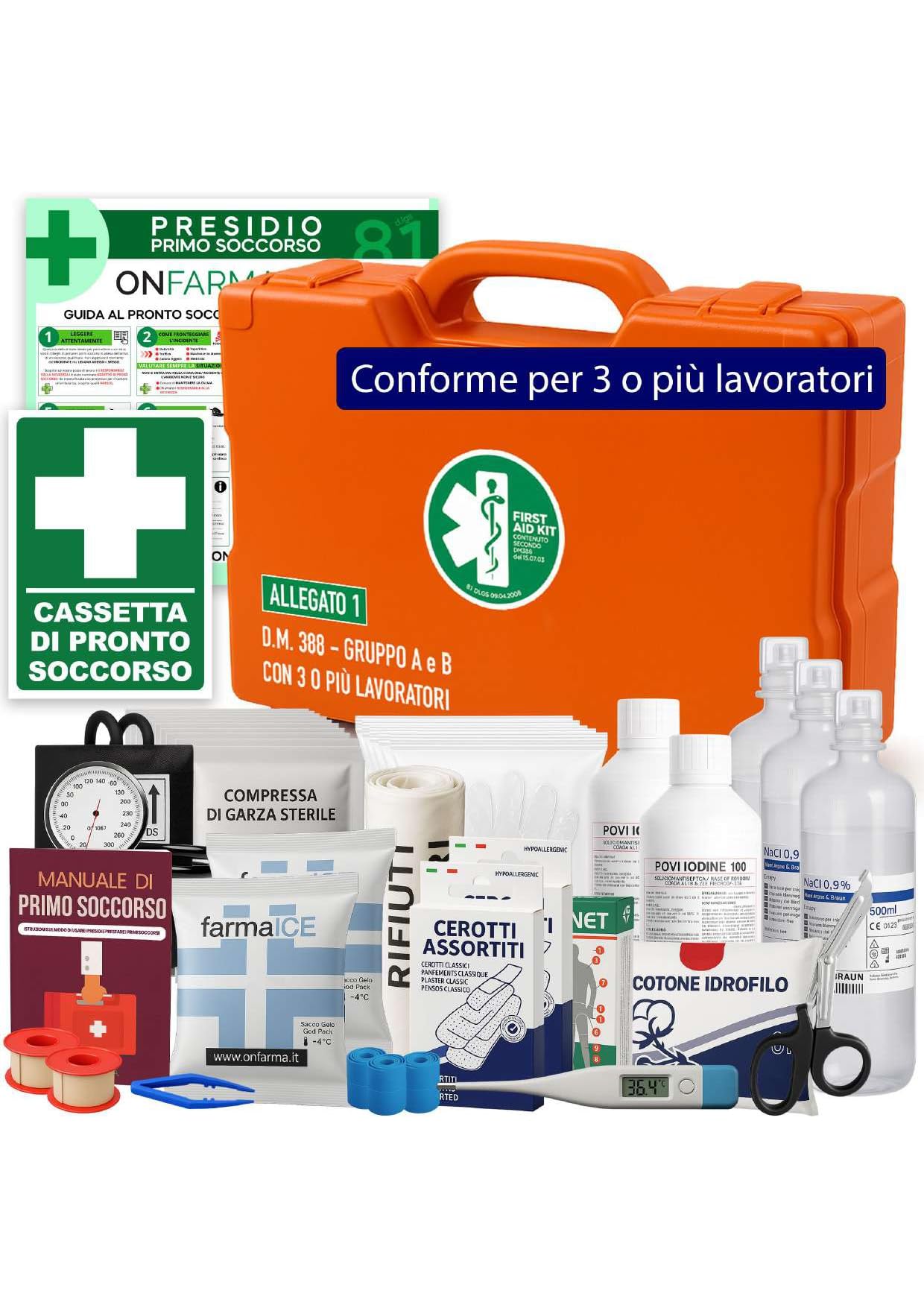 ONFARMA FARMA4 cassetta medica primo pronto soccorso COMPLETA DI MISURATORE DI PRESSIONE e CARTELLO DI PRIMO SOCCORSO conforme DM 388 allegato 1 per aziende con 3 o più lavoratori