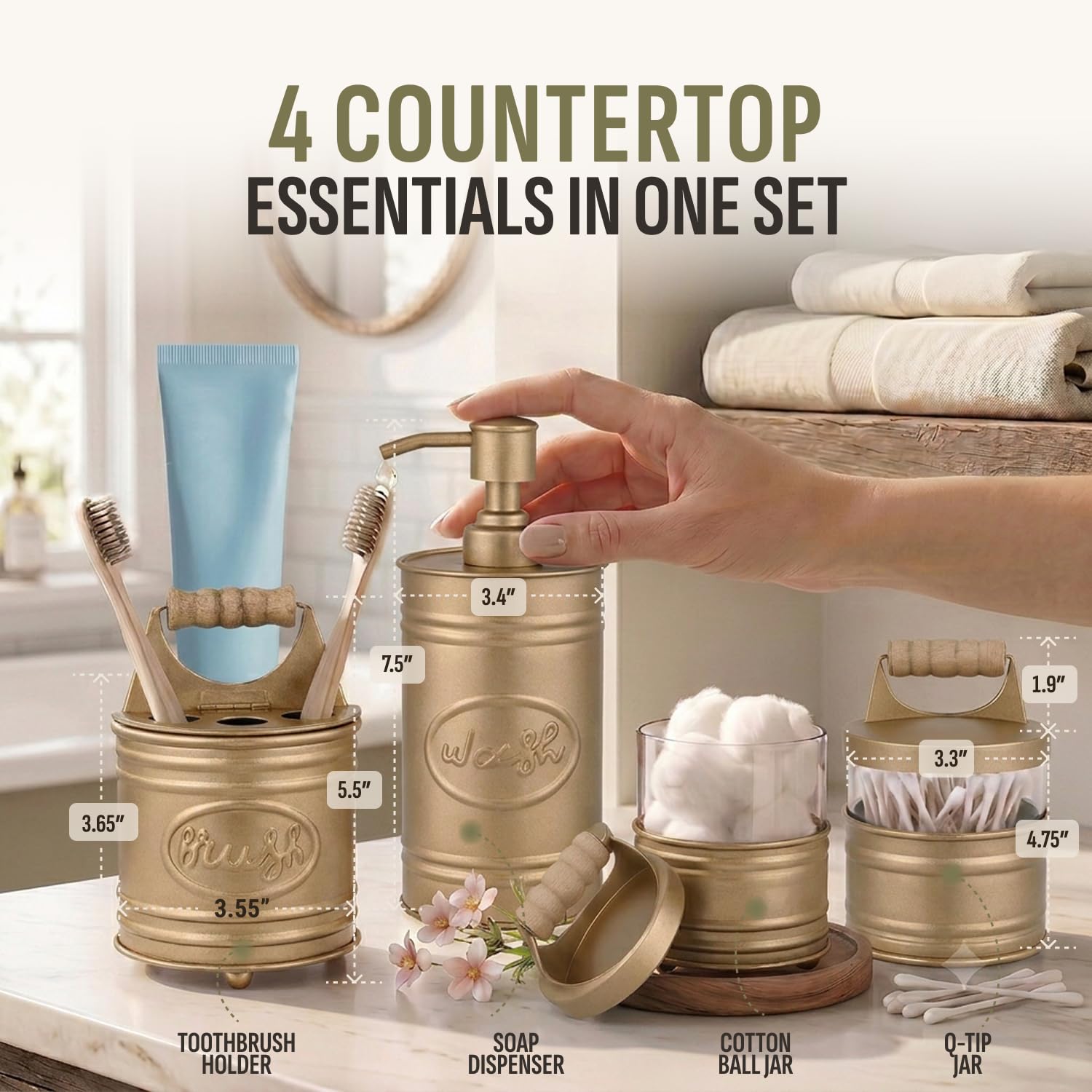 Autumn Alley Badezimmerzubehör-Set in Antik-Gold, 4 Stück, Bauernhaus-Seifenspender, Zahnbürstenhalter, 2 Apothekergläser, Qtip-Halter, goldfarbenes Badezimmer-Dekor, rustikales