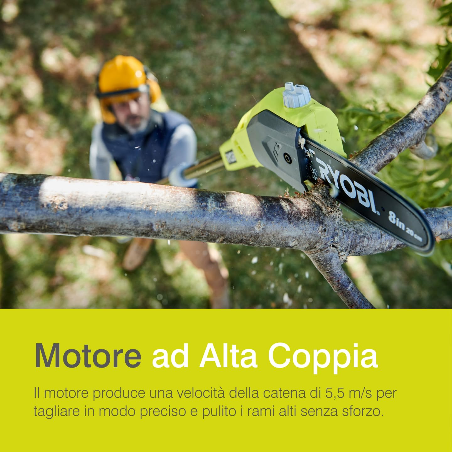 Ryobi OPP1820 Potatore a Batteria 18V ONE+, Impugnatura Ergonomica, Batteria Non Inclusa, Barra 20 cm, Velocità Catena 5,5 m/s