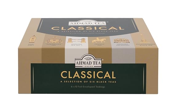 Ahmad Tea Black Tea, Classic Selection Pack Teabags, 60 Foil Teabags - Caffeinated, Decaffeinated, Sugar-Free