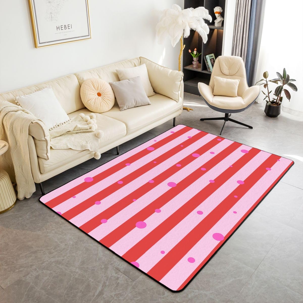 Loussiesd Tapis Salon 100x150cm Rayures Tapis d’intérieur et d’extérieur Dots Doux Antidérapant Moderne Rose pour Salon et Chambre Art rayé Modernee Lavable Luxe