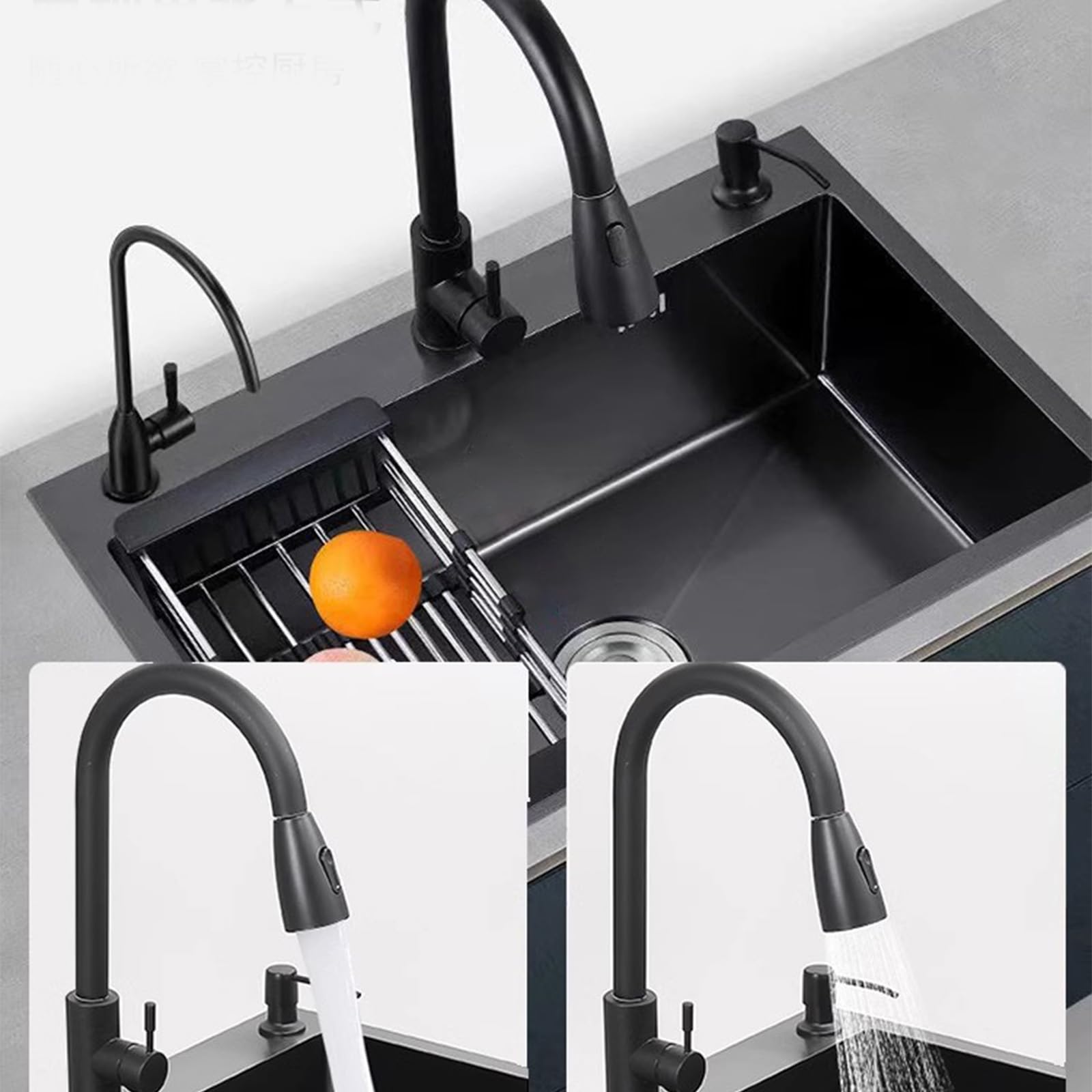Fregadero de cocina de acero inoxidable, grifo extraíble negro, fregadero de una sola taza, accesorios completos (80 x 50 x 20 cm)