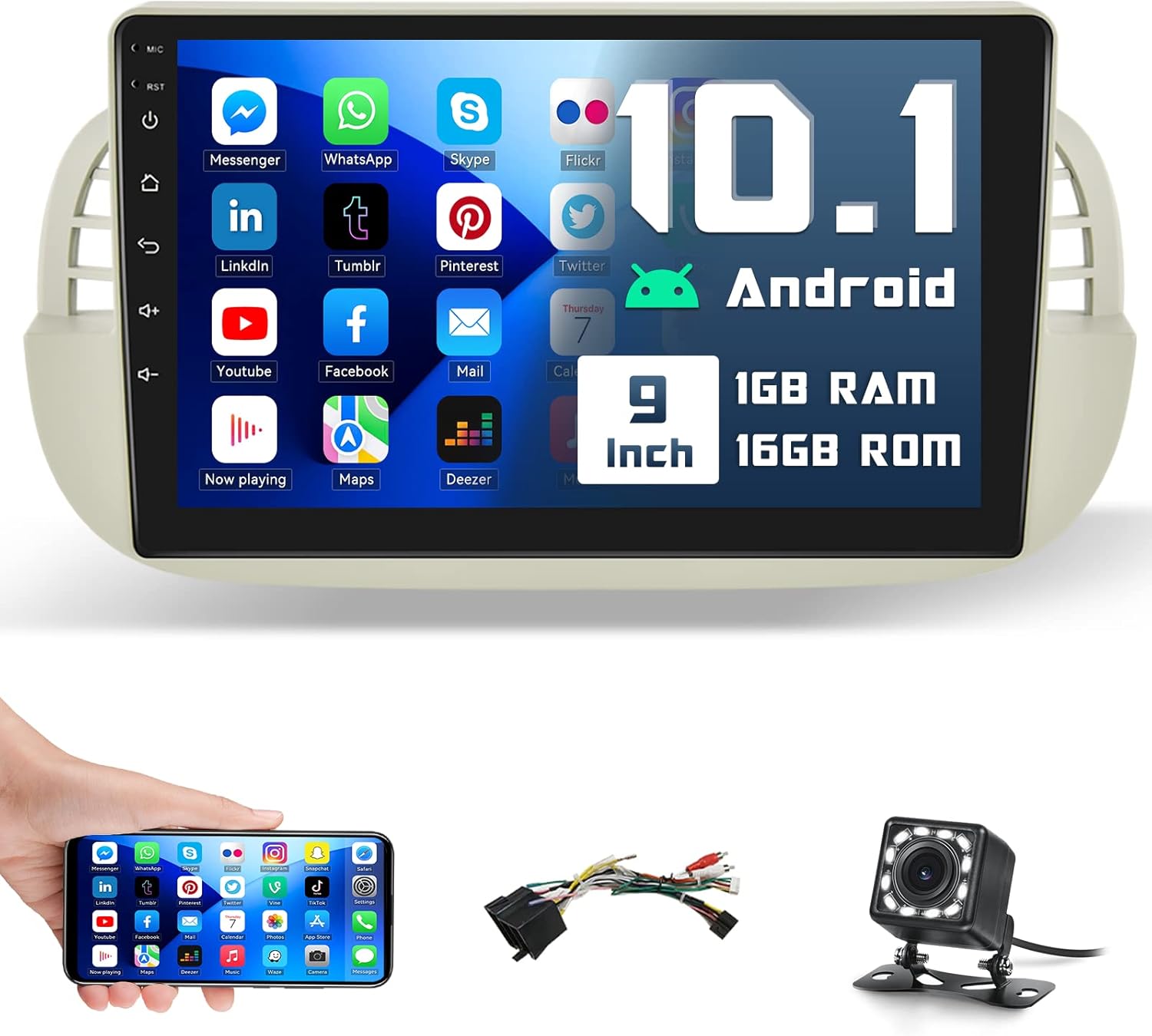 Hikity 9 Inch Android Car Stereo with Navigation for Fiat 500 20072014